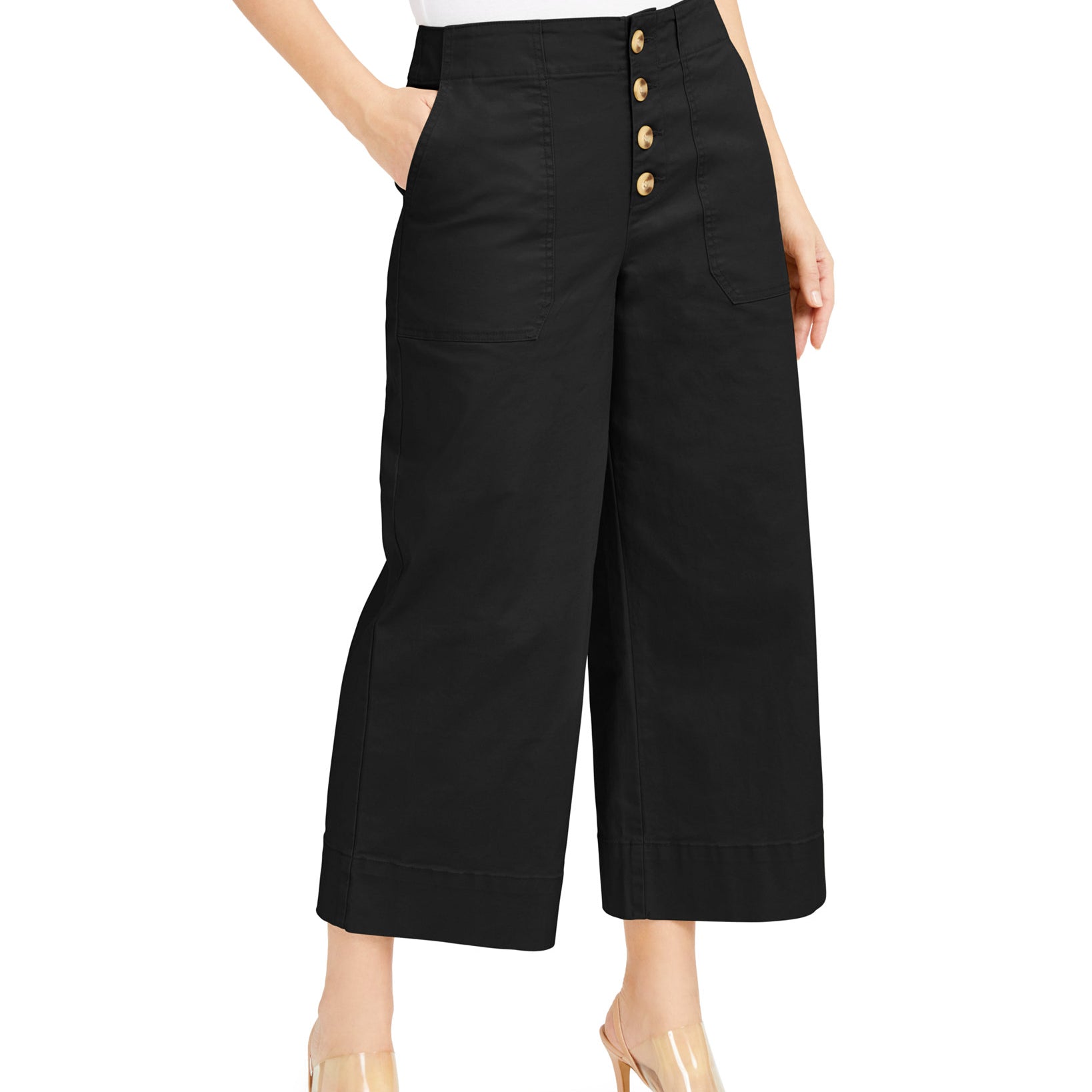 INC International Concepts Women Button Fly Culottes Deep Black