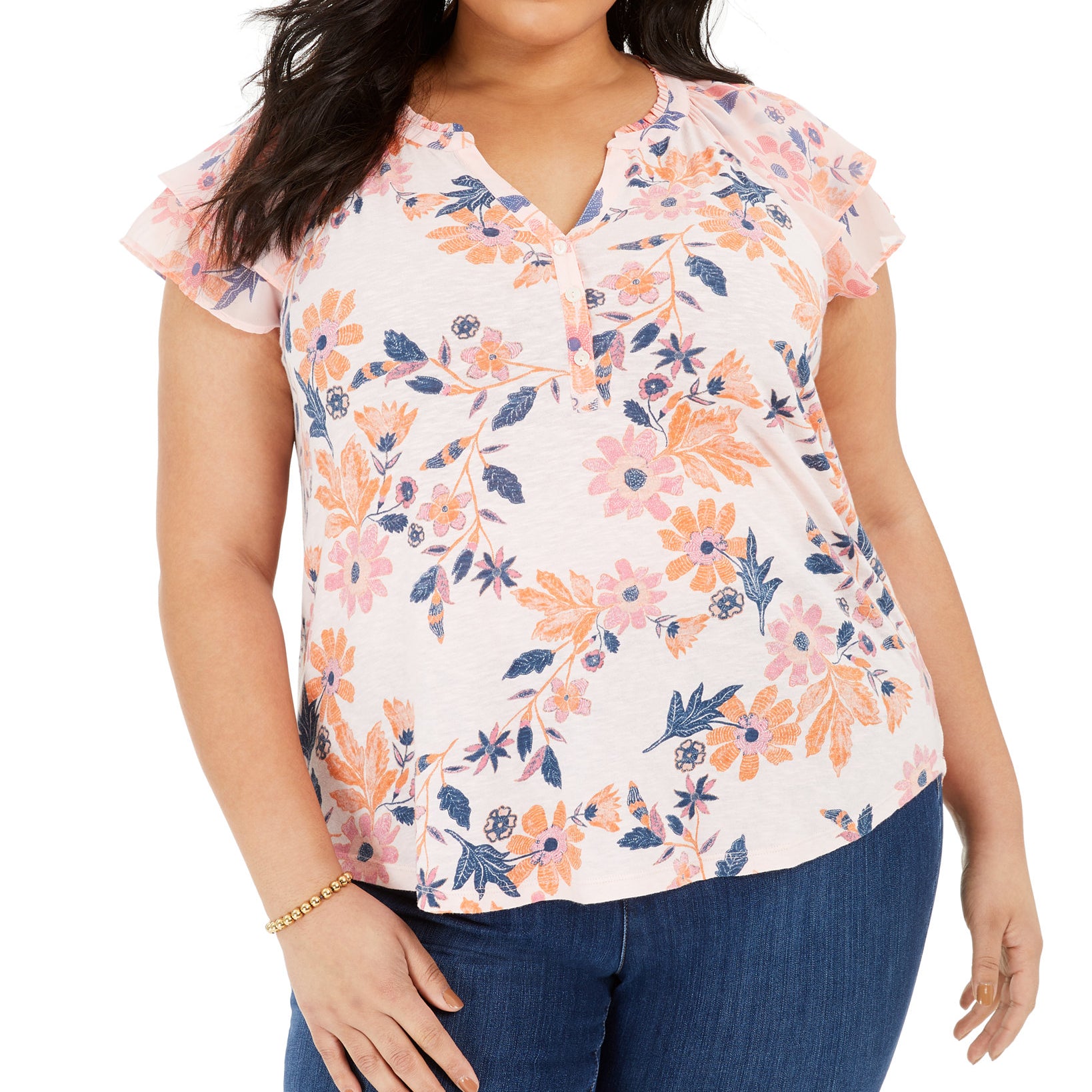 Style & Co Women Plus Printed Flutter Sleeve Top Independance Bouquet