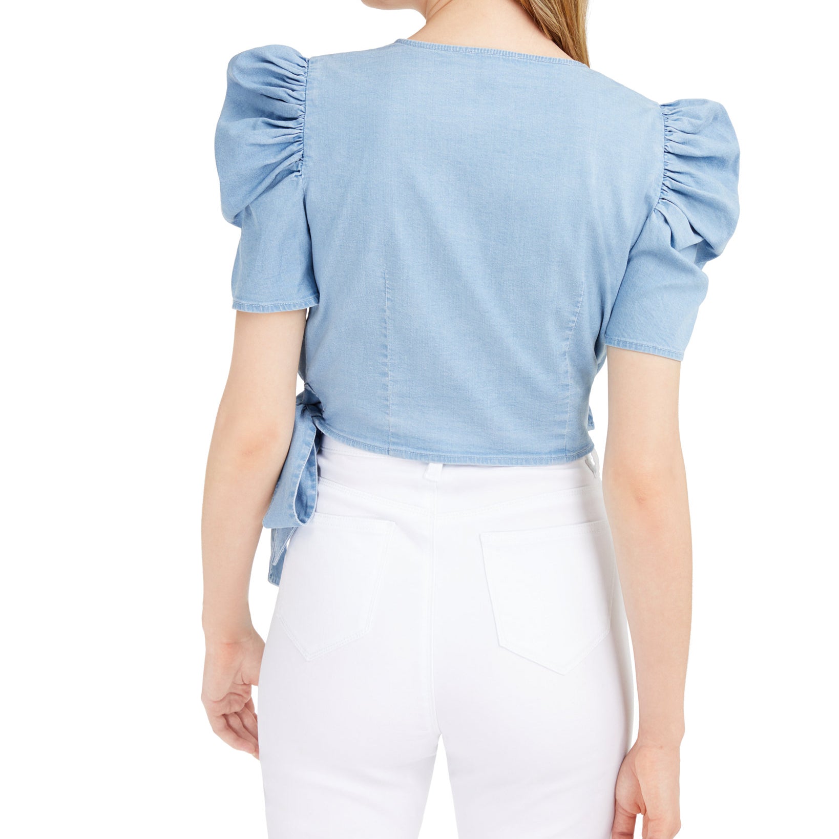 Bar III Women Chambray Puffed Sleeve Wrap Top