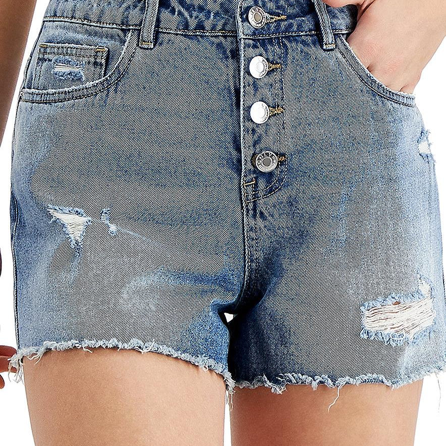 ONLY Women Cotton Ripped Button Fly Denim Shorts Light Blue Denim
