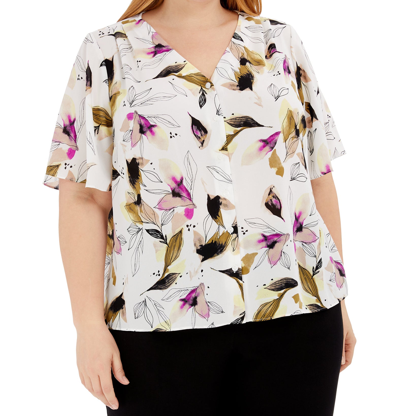 Alfani Women Plus Button Front Flutter Sleeve Top White Garden Vision