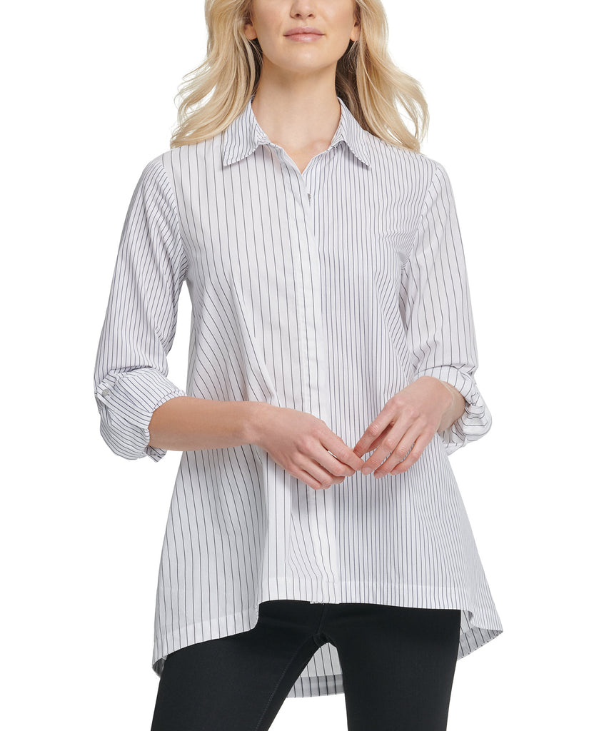 DKNY Women Cotton Striped High low Button Down Top Ivory navy