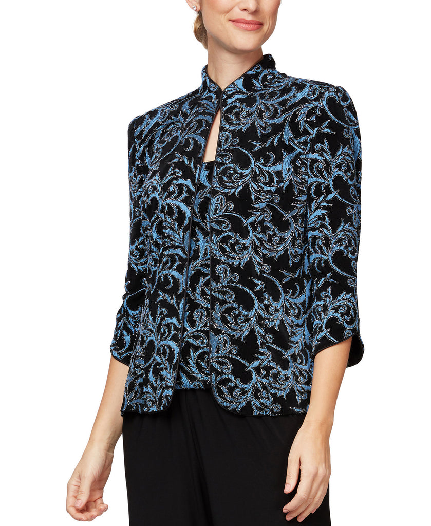 Alex Evenings Women Abstract Print Mandarin Collar Jacket; Sleeveless Top  Black Blue