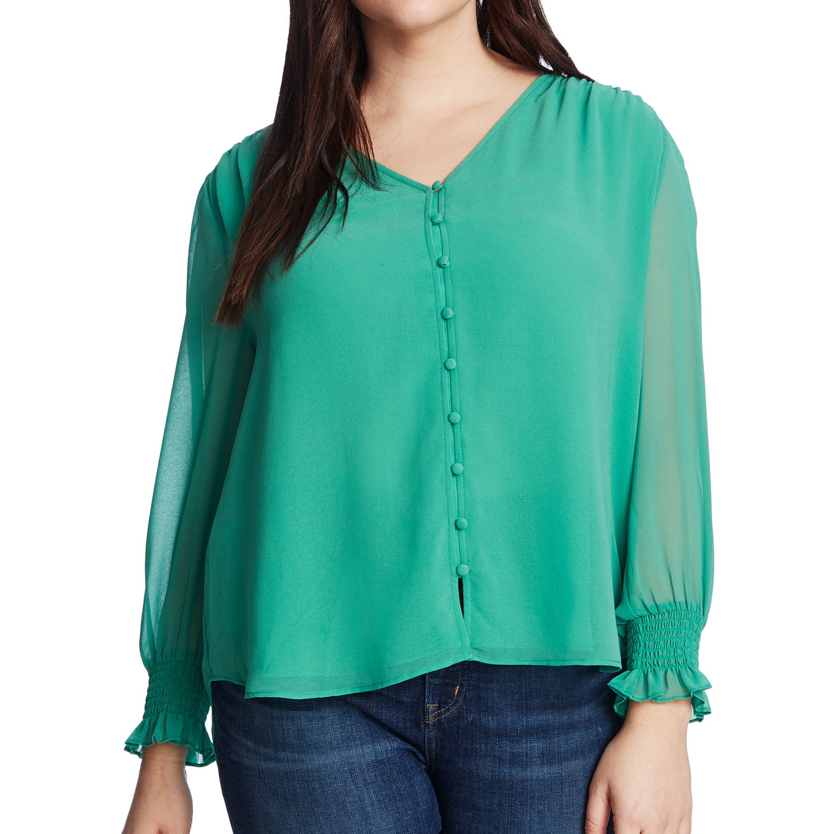 1.STATE Women Plus Trendy Sheer Long Sleeve Top Fresh Grass