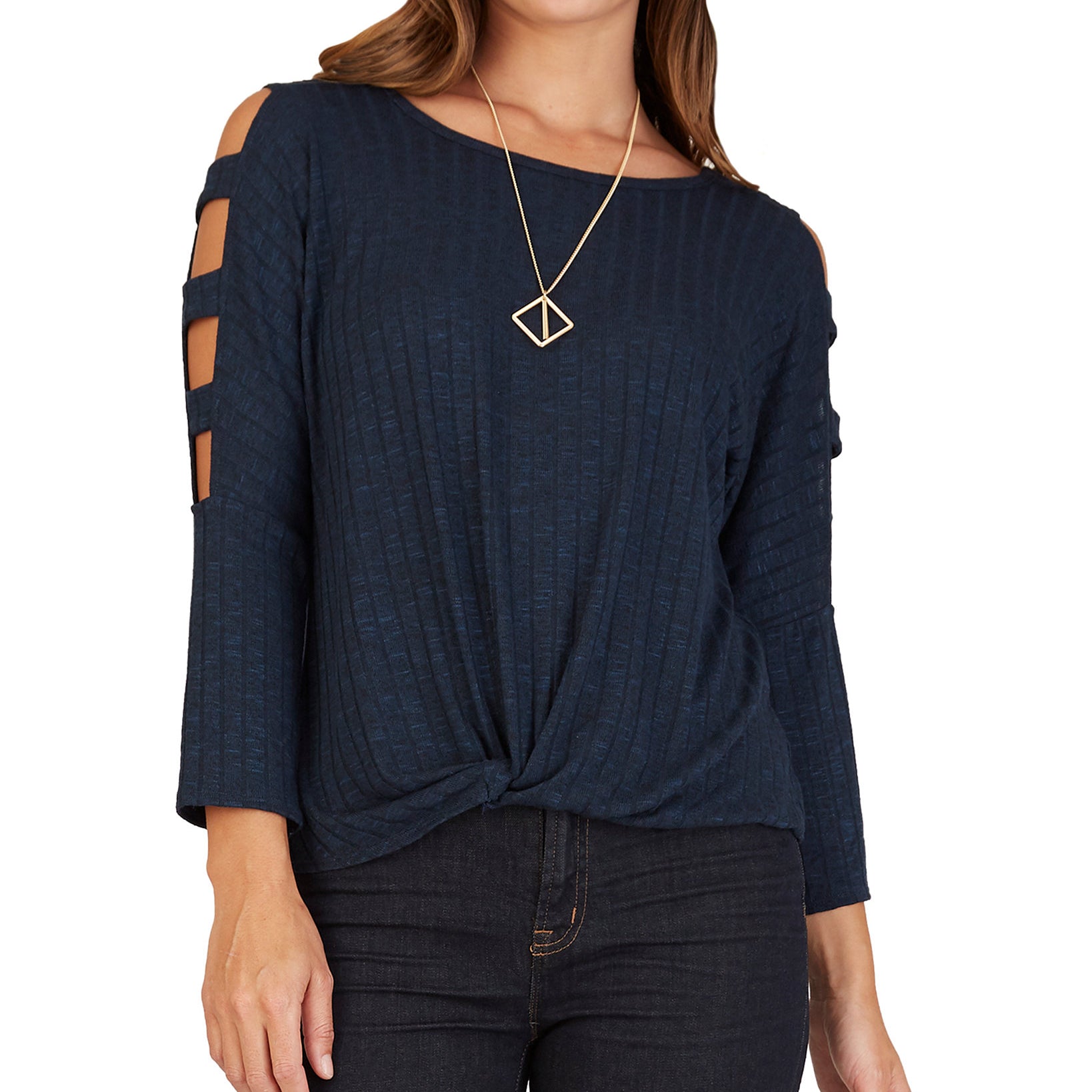 BCX Women Lattice Sleeve Top Indigo