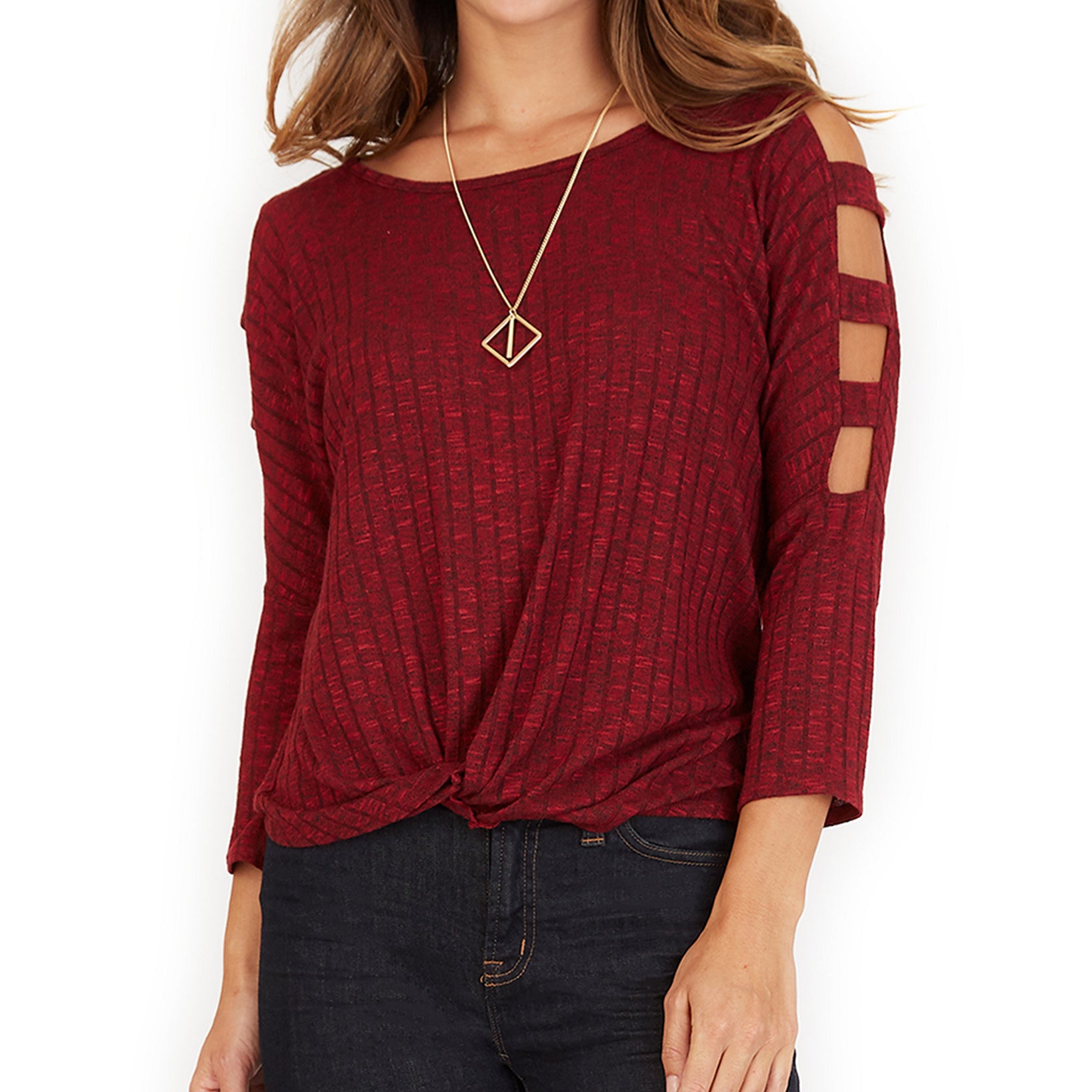 BCX Women Lattice Sleeve Top Wine
