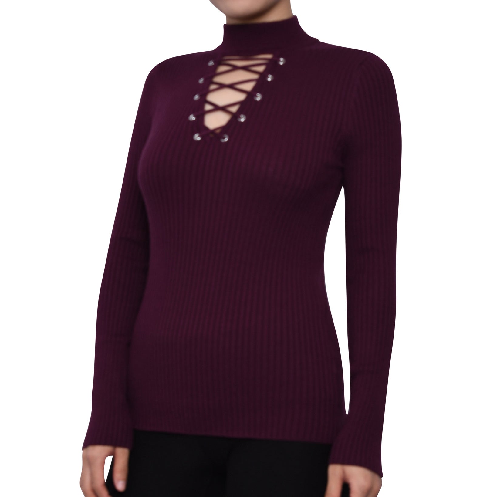 Planet Gold Women Lace Up Mock Neck Sweater Wine
