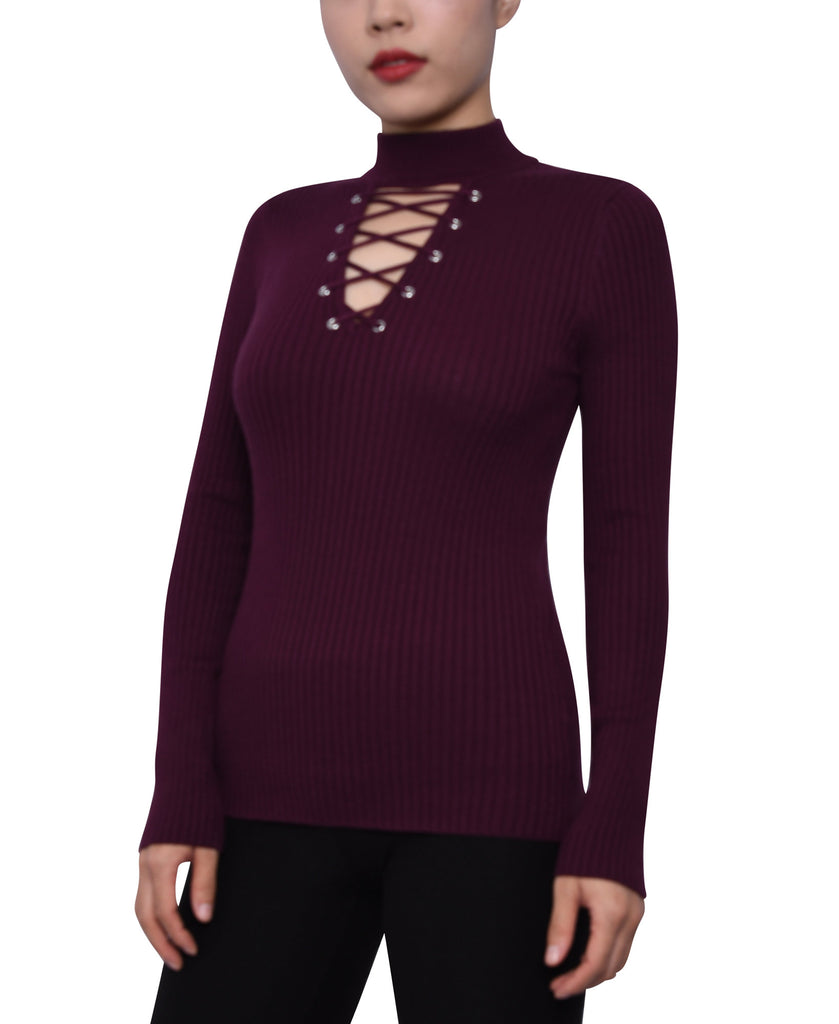 Planet Gold Women Lace Up Mock Neck Sweater Wine