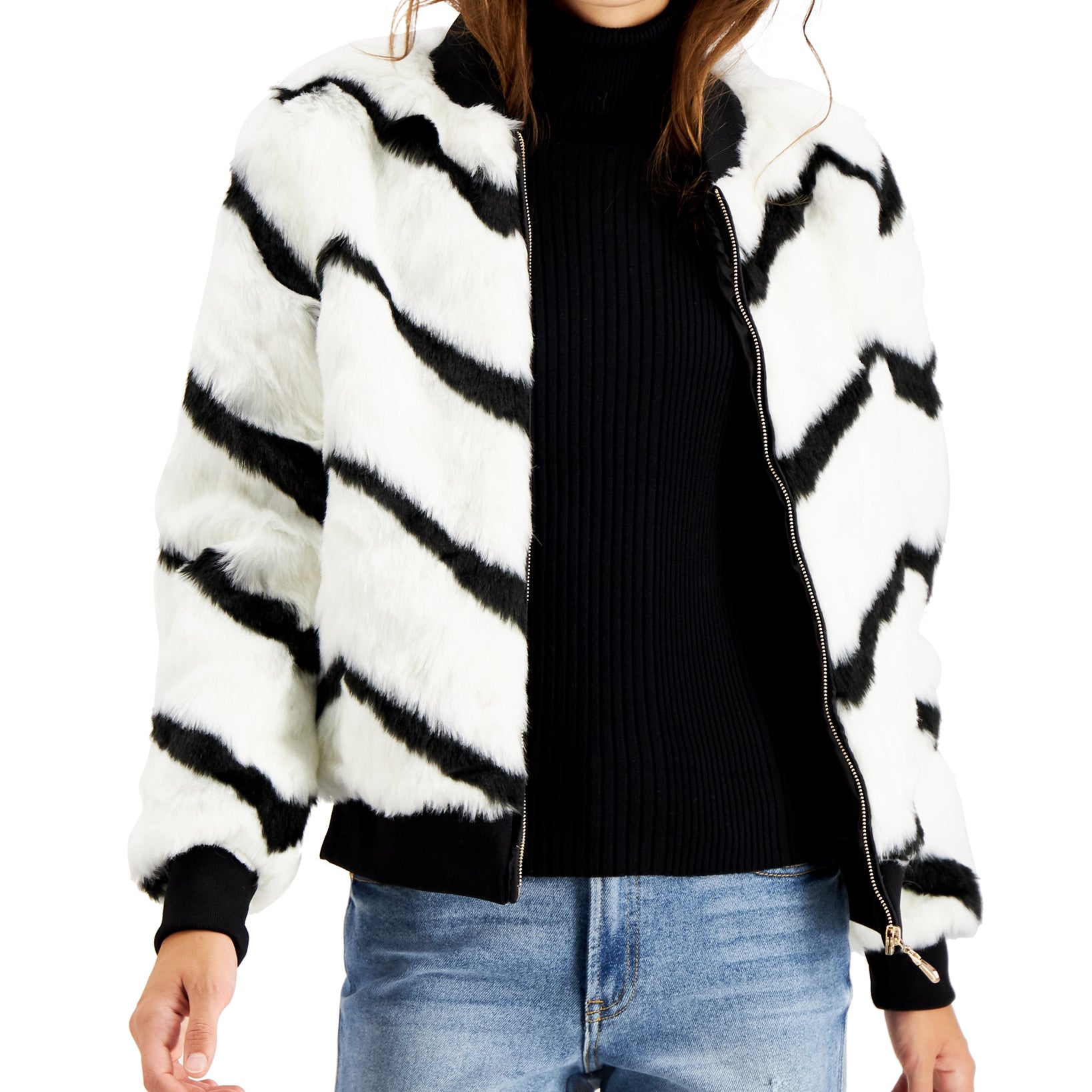 Say What Juniors Chevron Printed Faux Fur Bomber Jacket