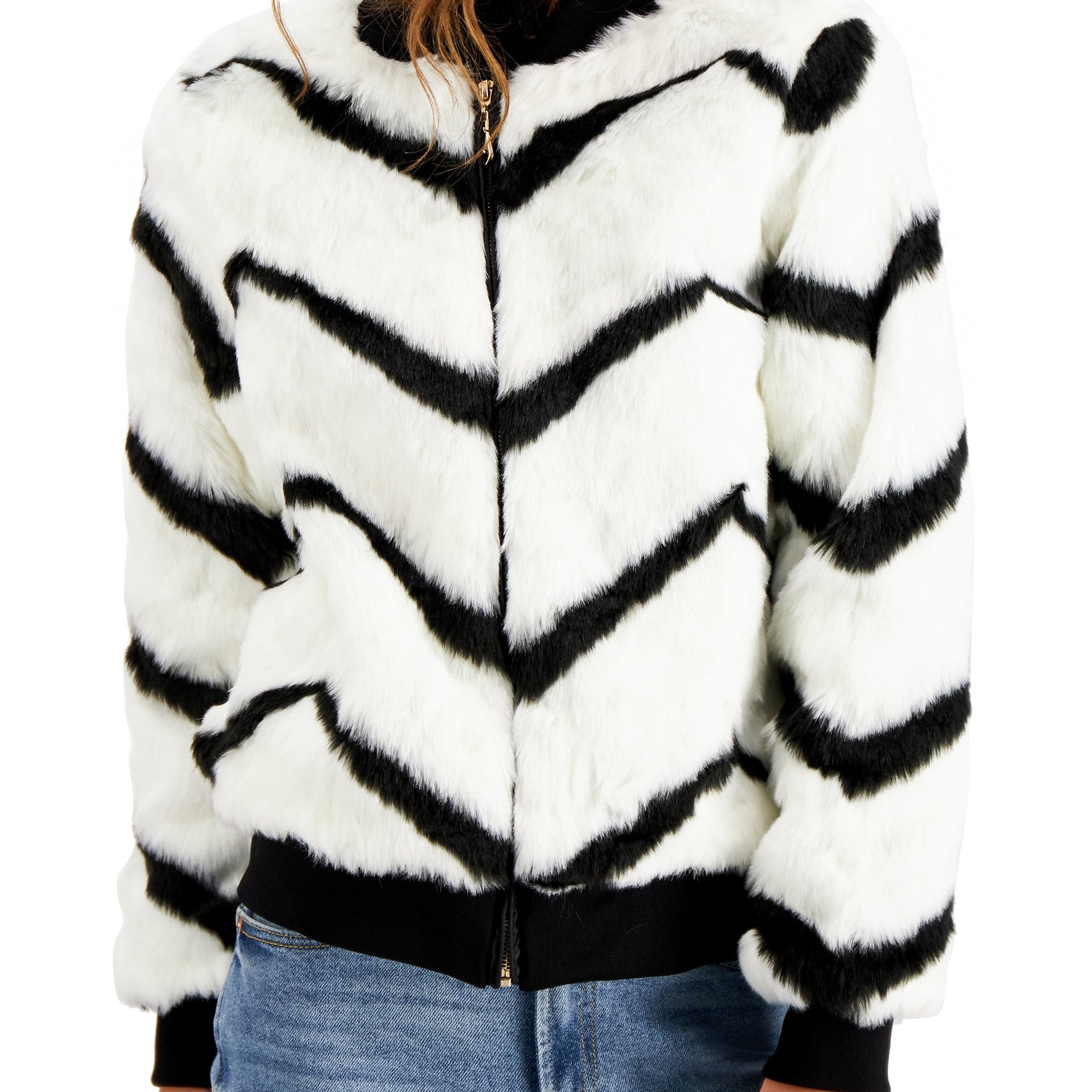 Say What Juniors Chevron Printed Faux Fur Bomber Jacket