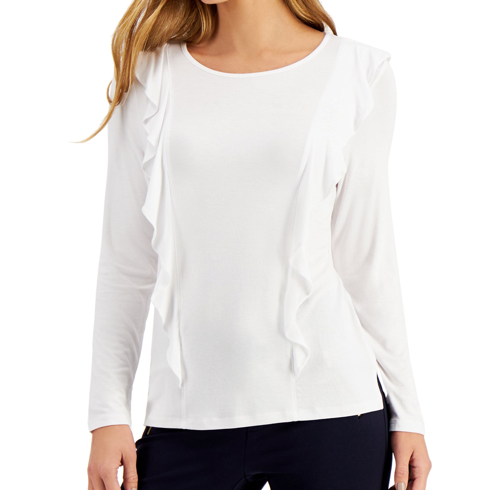 Charter Club Women Solid Ruffle Trimmed Top Bright White