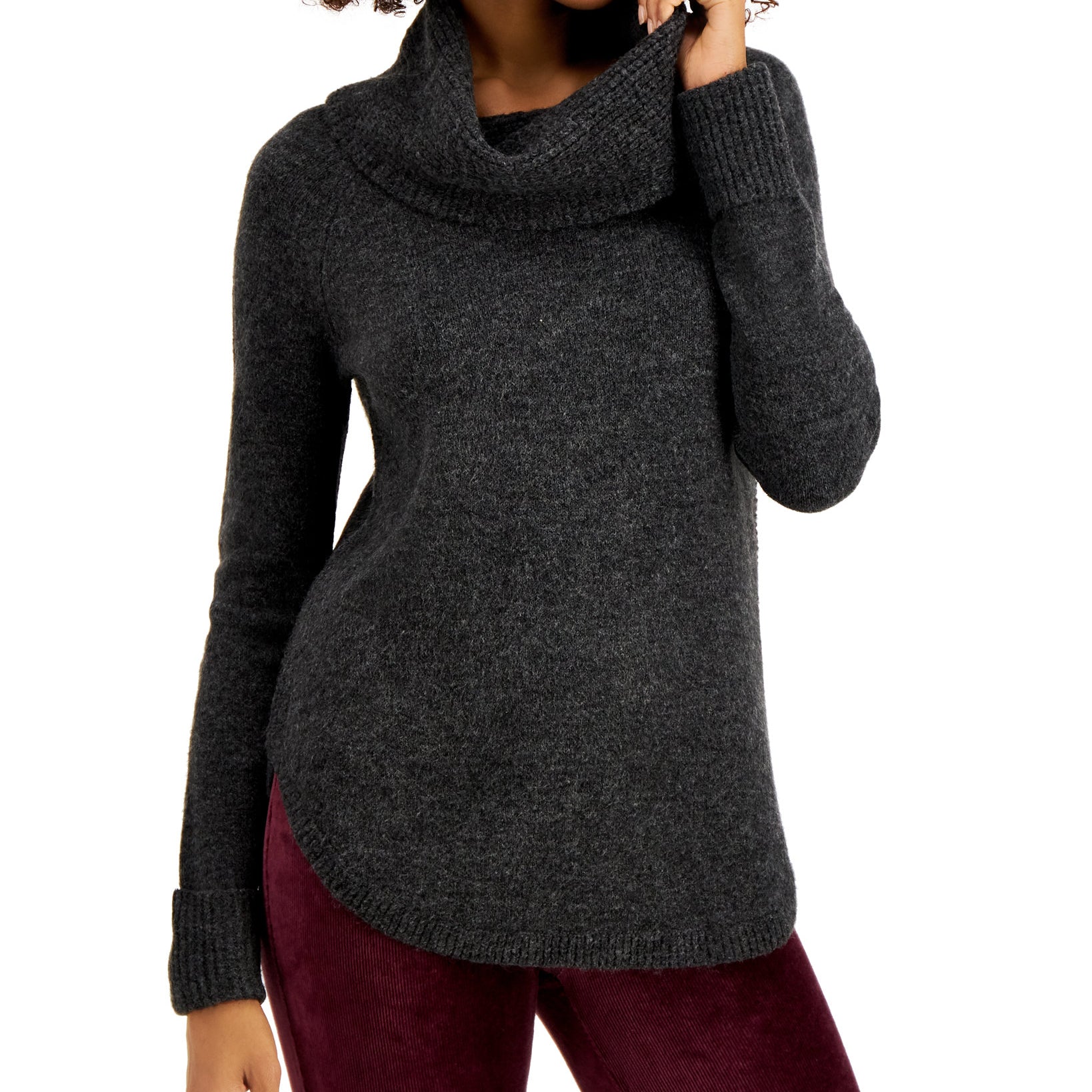 Style & Co Women Waffle Cowlneck Tunic Deep Black