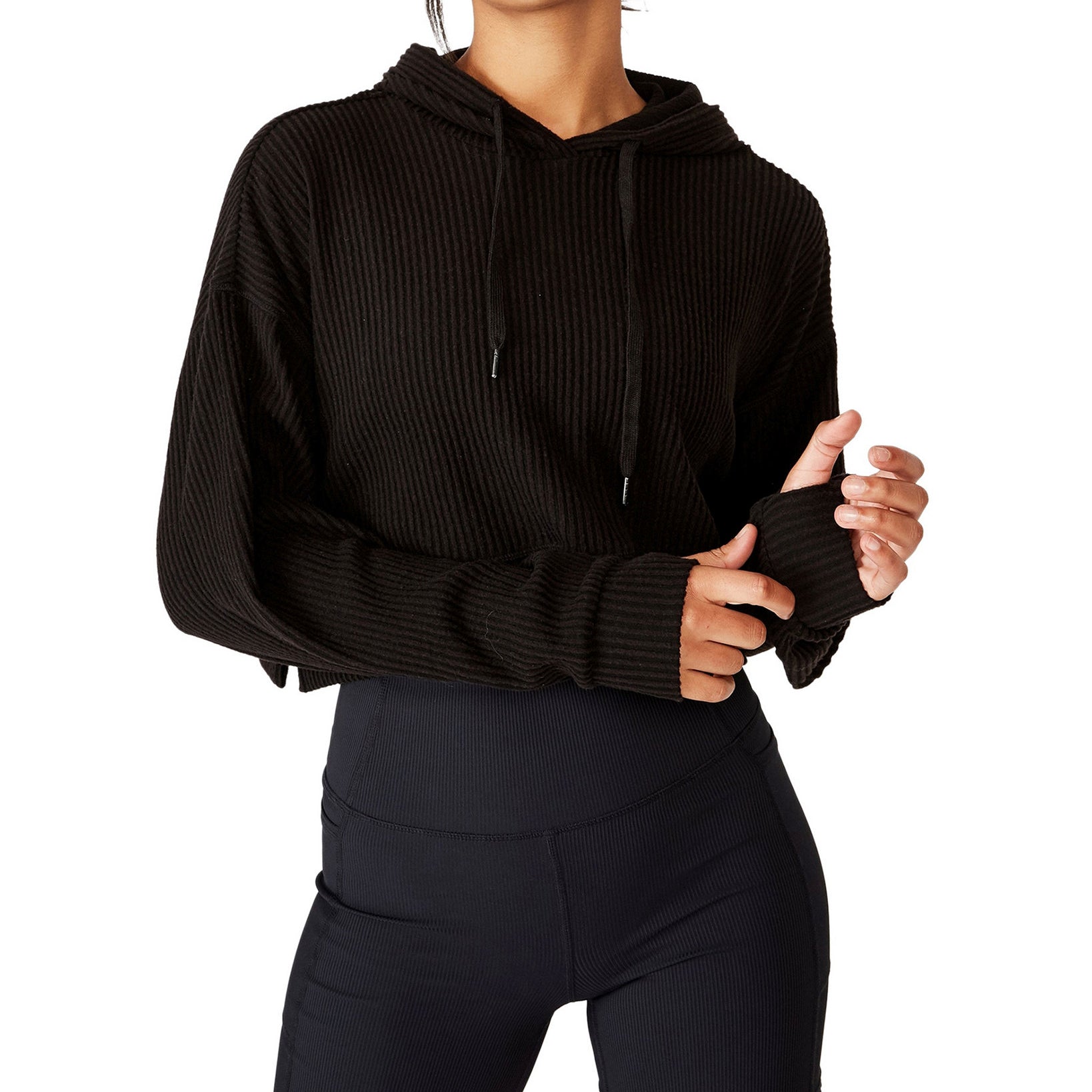 COTTON ON Women Rib Cropped Hooded Sweatshirt Black