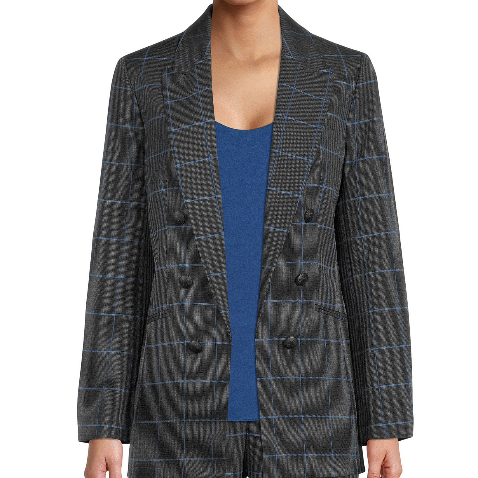 Bar III Women Windowpane Faux Double Breasted Jacket Black Storm