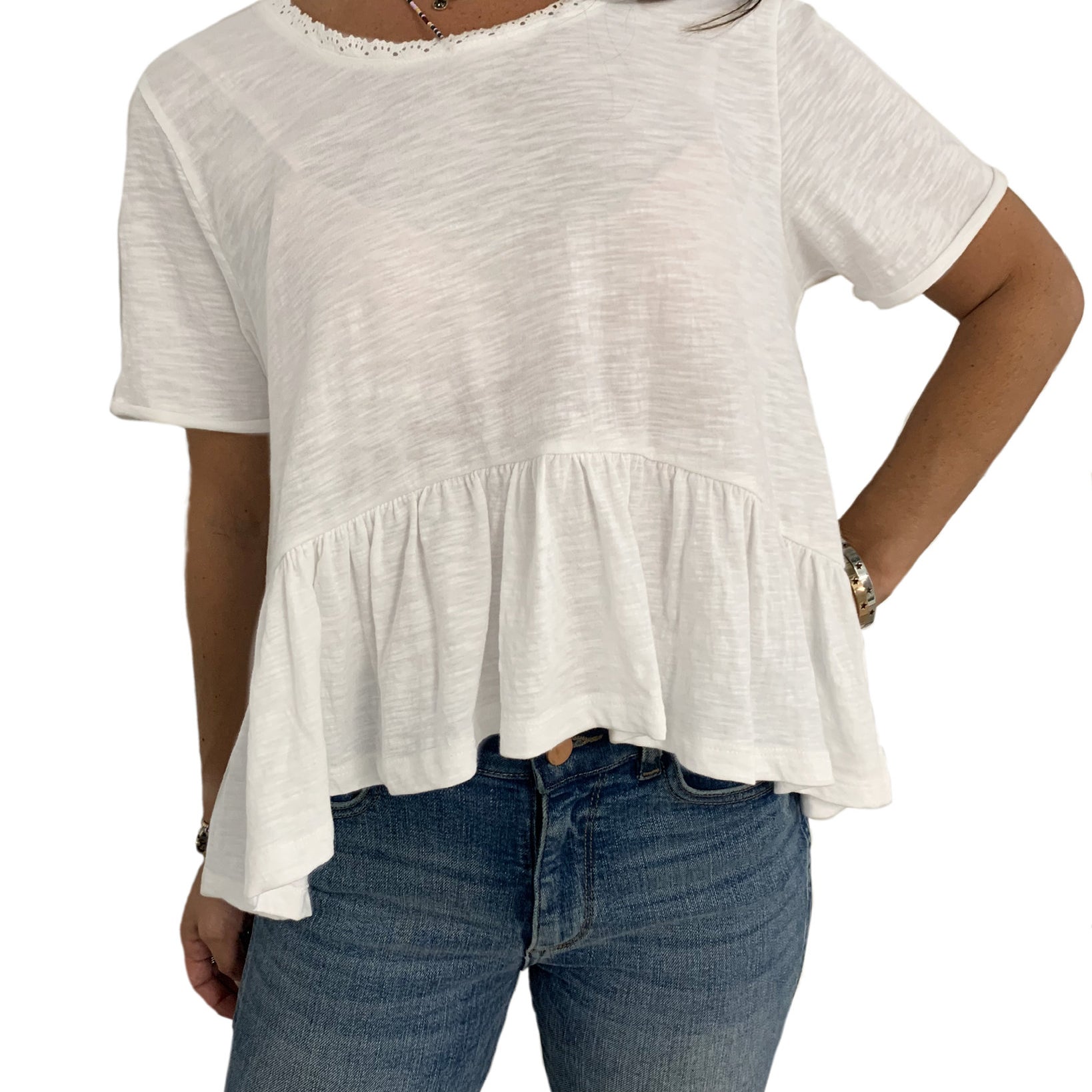 Vanilla Star Women Lace Trim Flounce Hem Top White