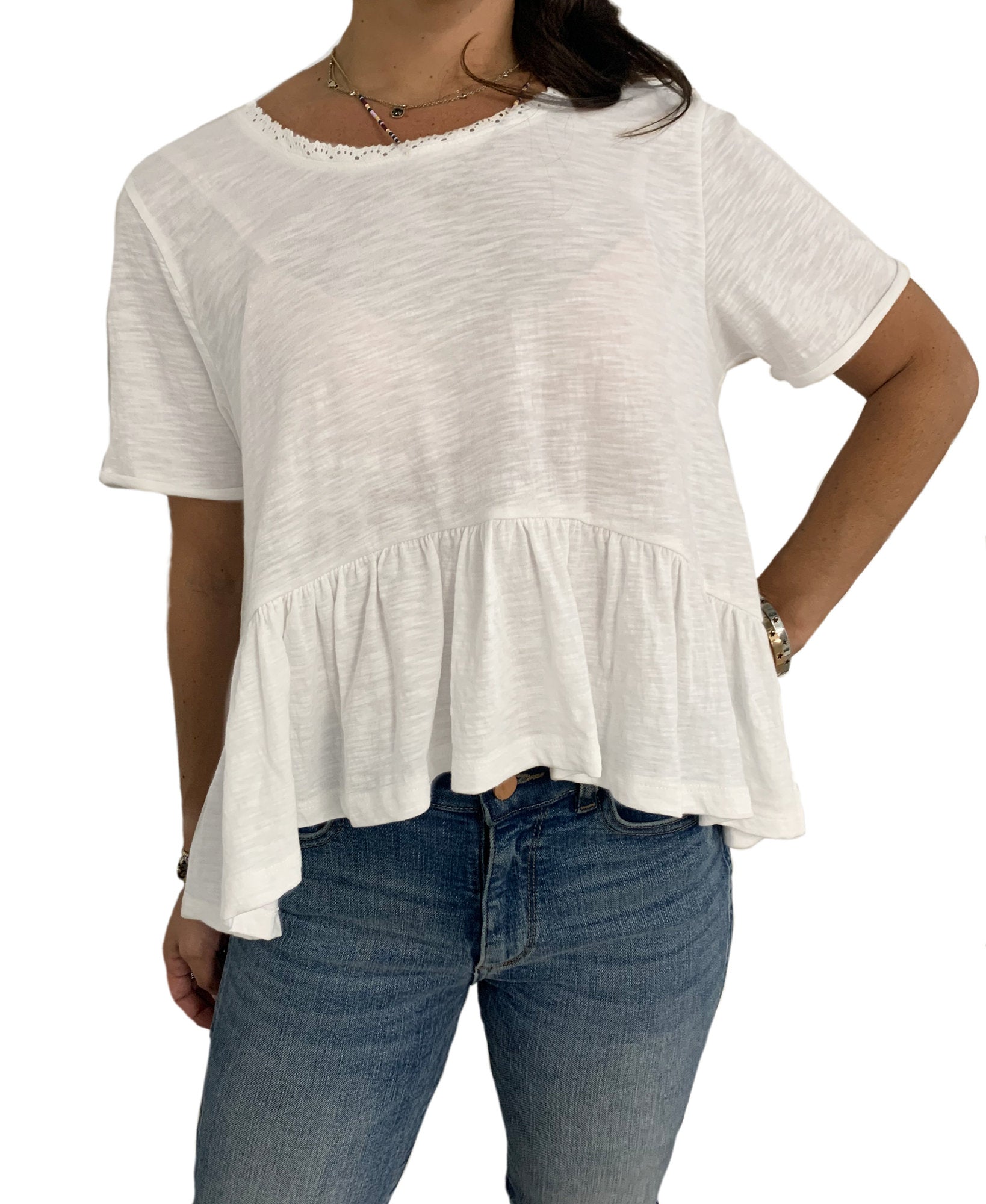 Vanilla Star Women Lace Trim Flounce Hem Top White