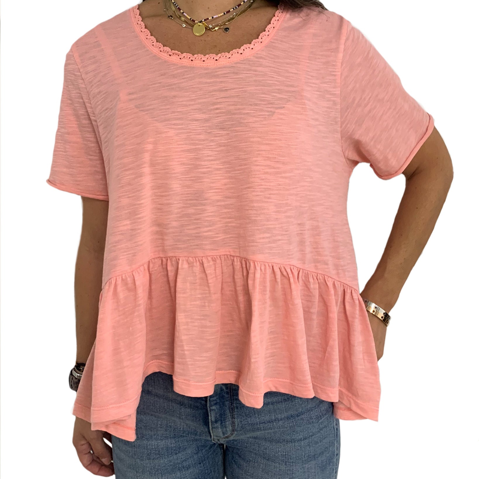 Vanilla Star Women Lace Trim Flounce Hem Top Sunset