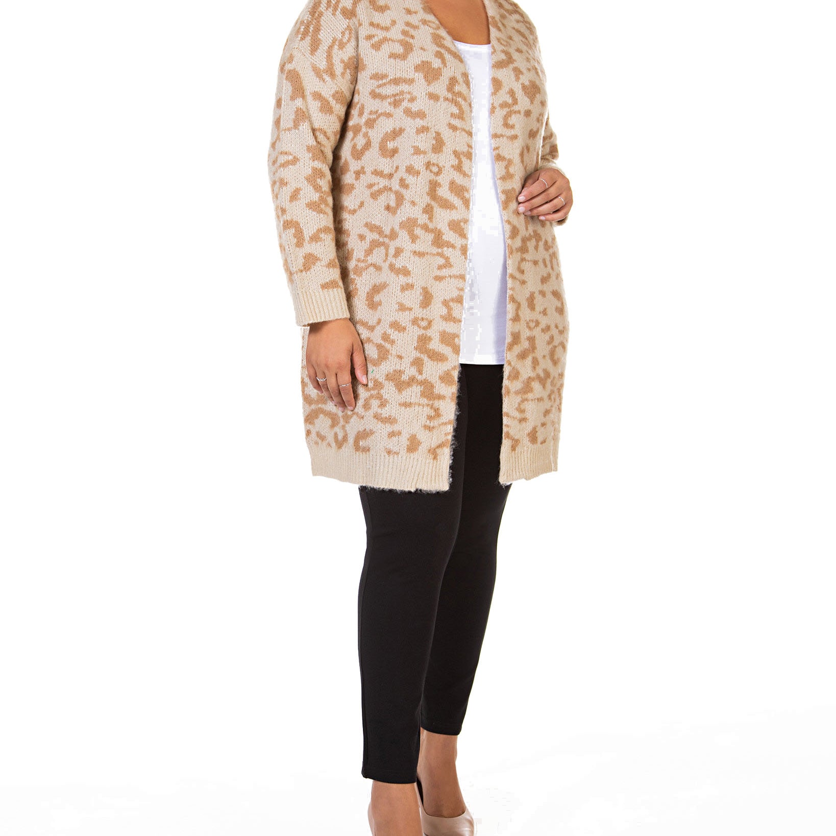 Black Tape Women Plus Printed Open Front Cardigan Sweater Beige Tonal Leopard