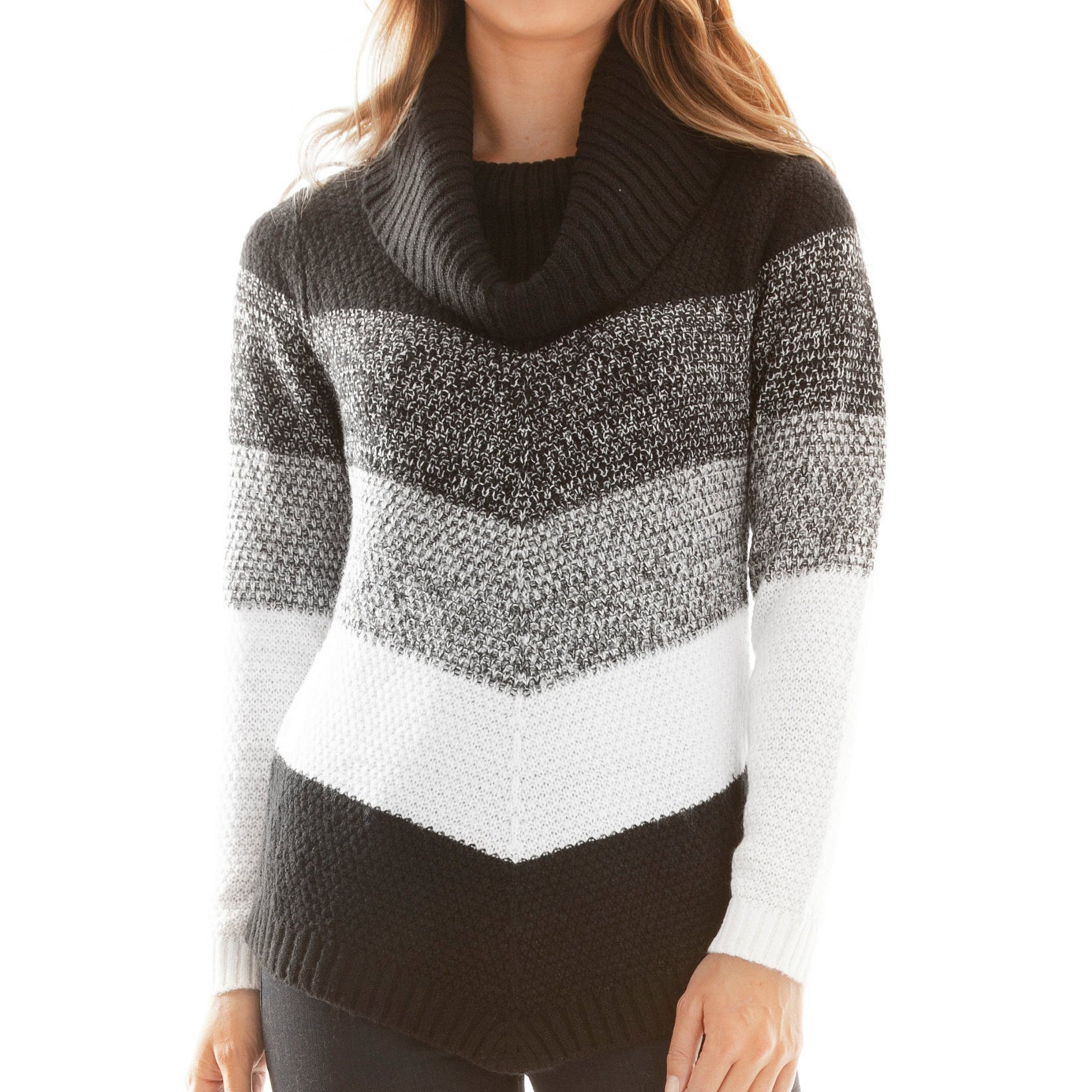 BCX Women Chevron Striped Cowlneck Sweater Black White