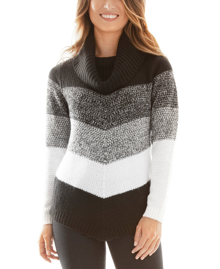BCX Women Chevron Striped Cowlneck Sweater Black White