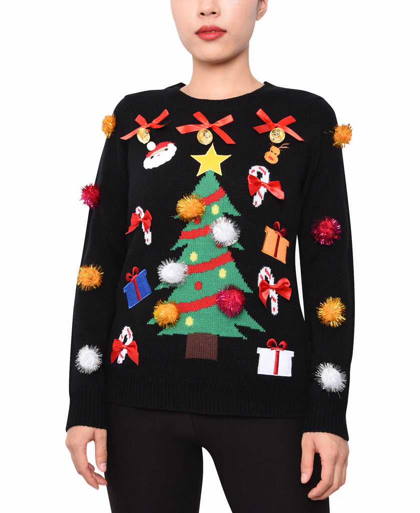 Planet Gold Women Embellished Christmas Sweater Black