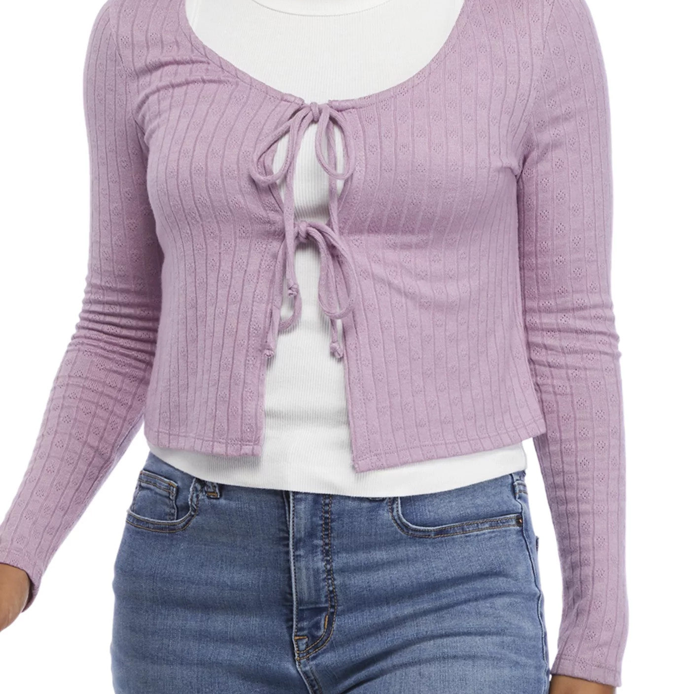 Belle Du Jour Women Long Sleeve Pointelle Tie Front Cardigan Lavender Mist