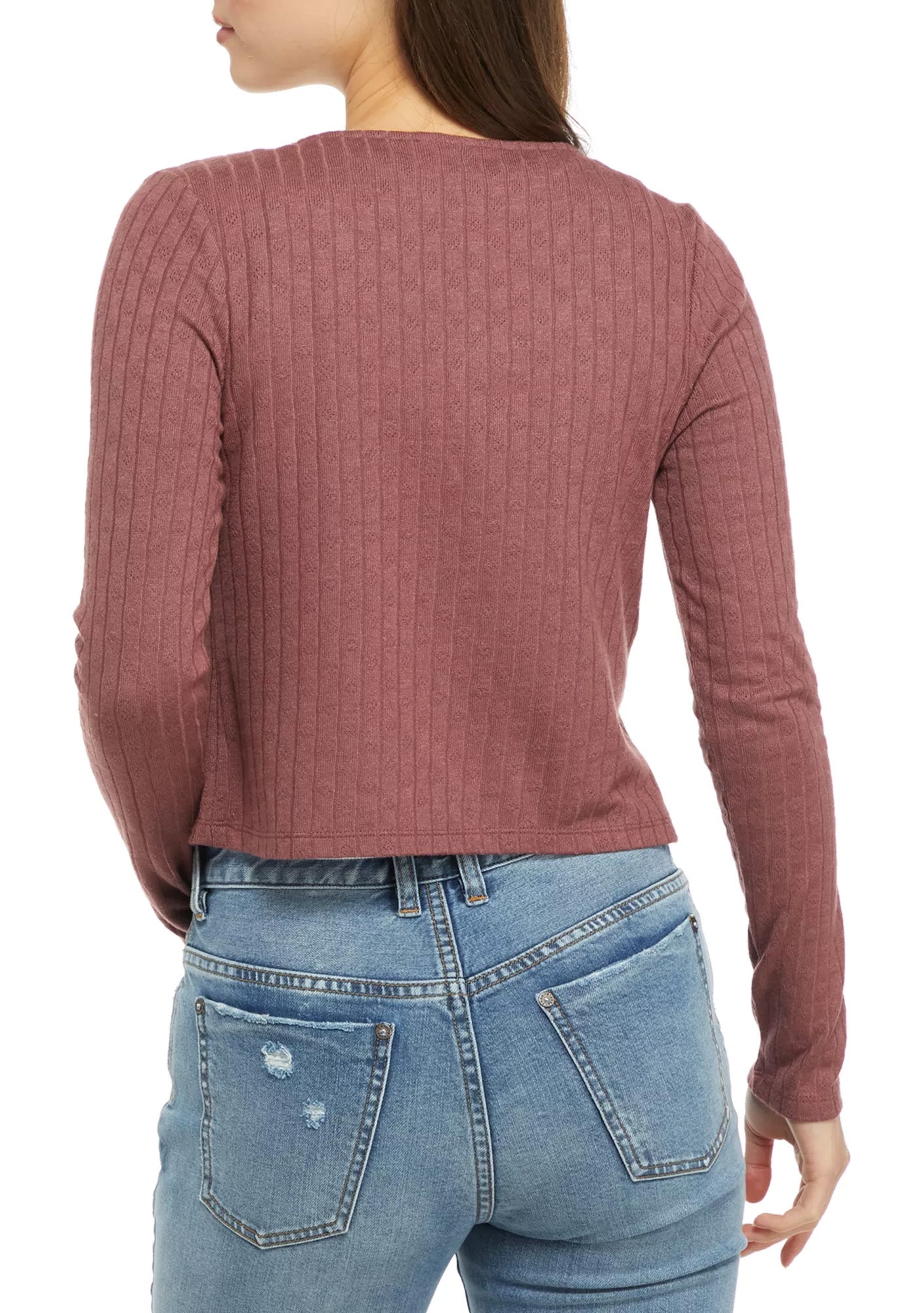 Belle Du Jour Women Long Sleeve Pointelle Tie Front Cardigan