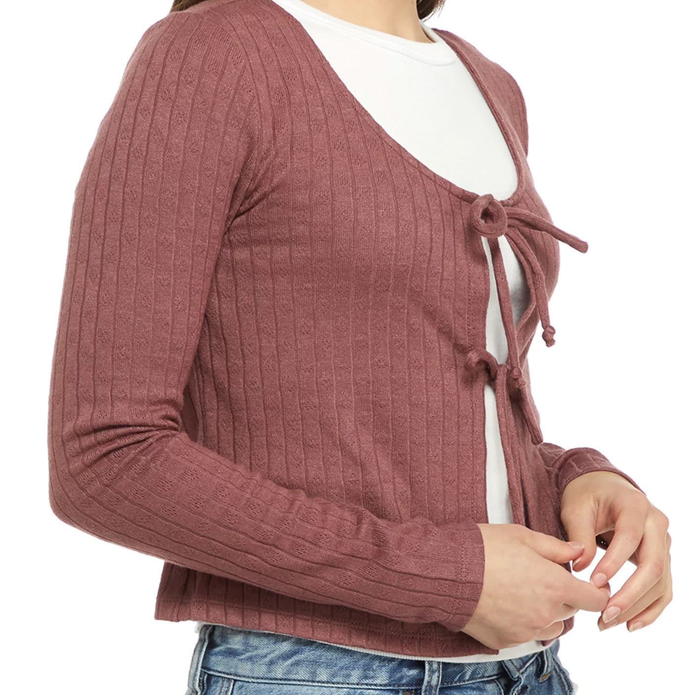 Belle Du Jour Women Long Sleeve Pointelle Tie Front Cardigan