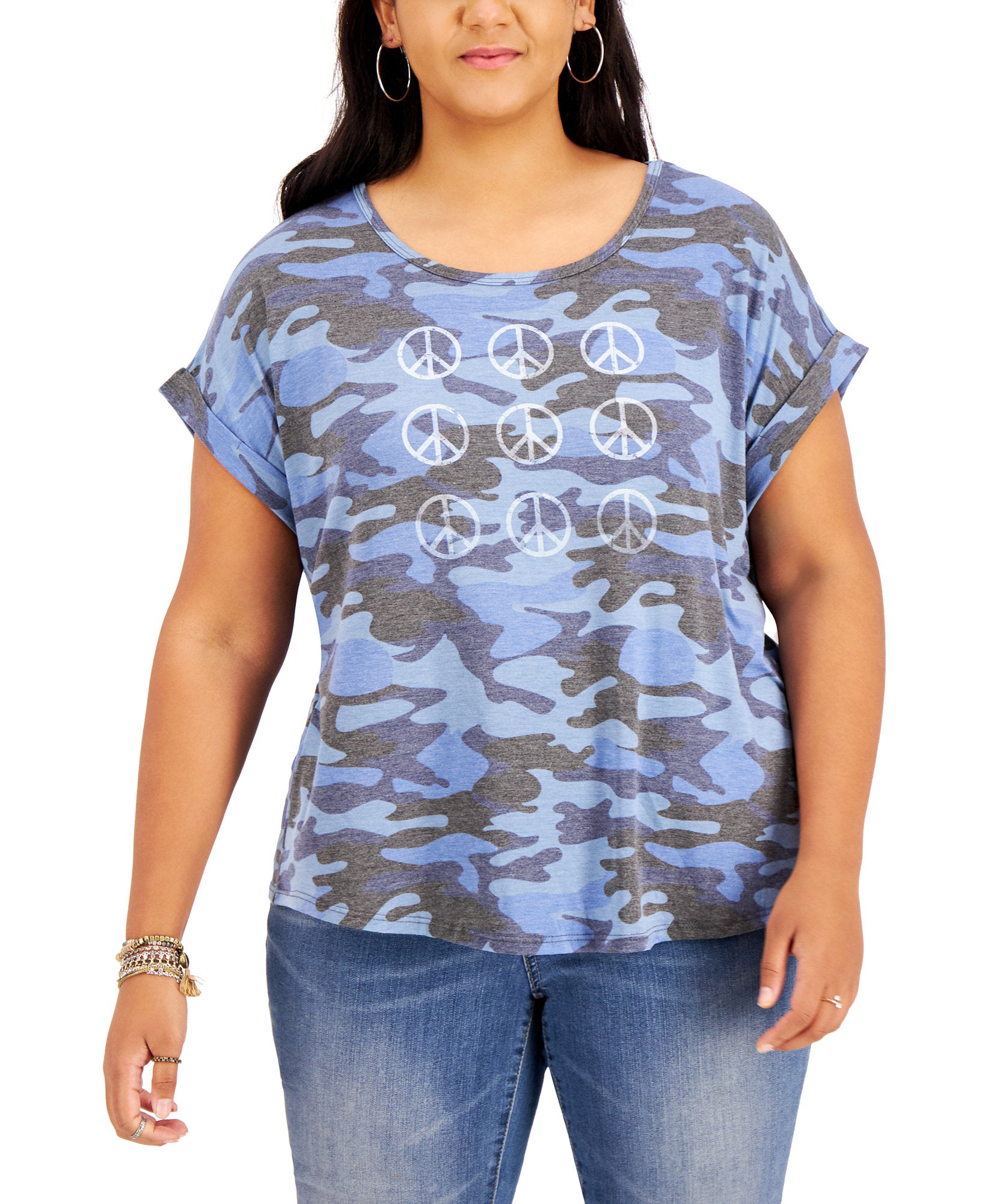 Style & Co Women Printed Peace Sign T Shirt Navy Combo