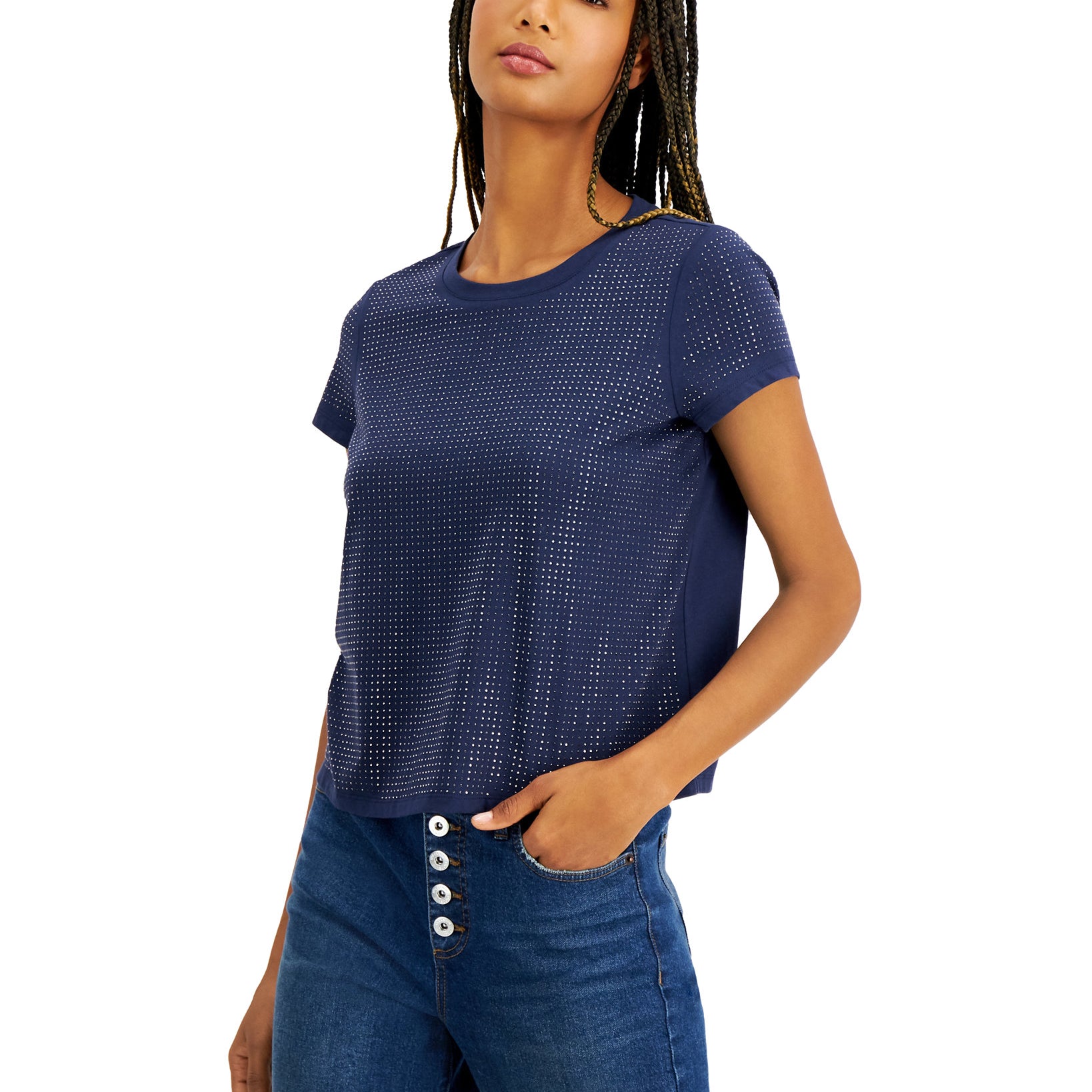 INC International Concepts Women Studded Tee Blue
