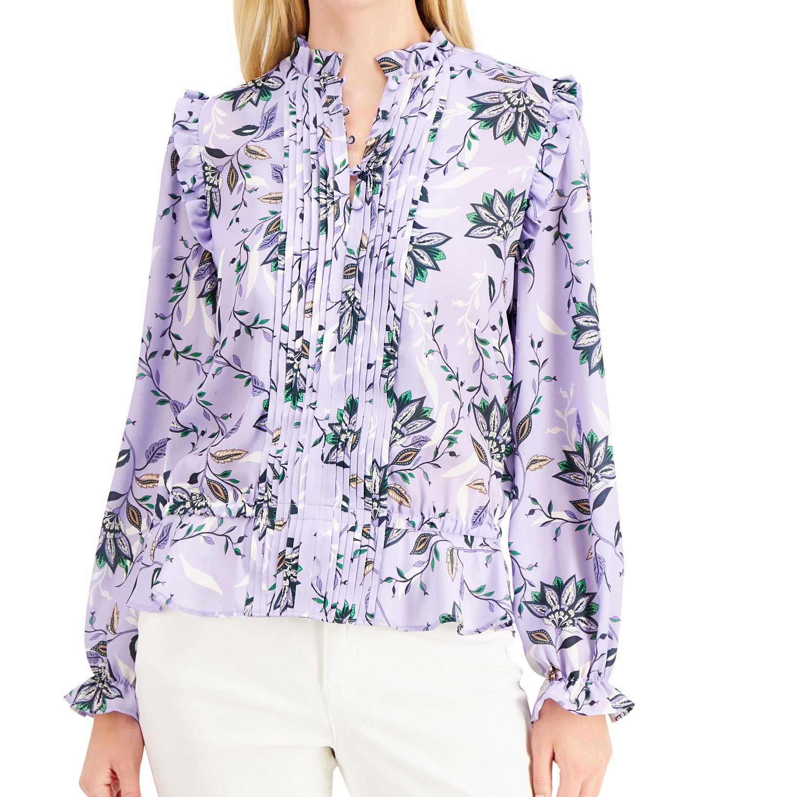 Charter Club Women Floral Print Pintuck Blouse Purple Swirl Combo