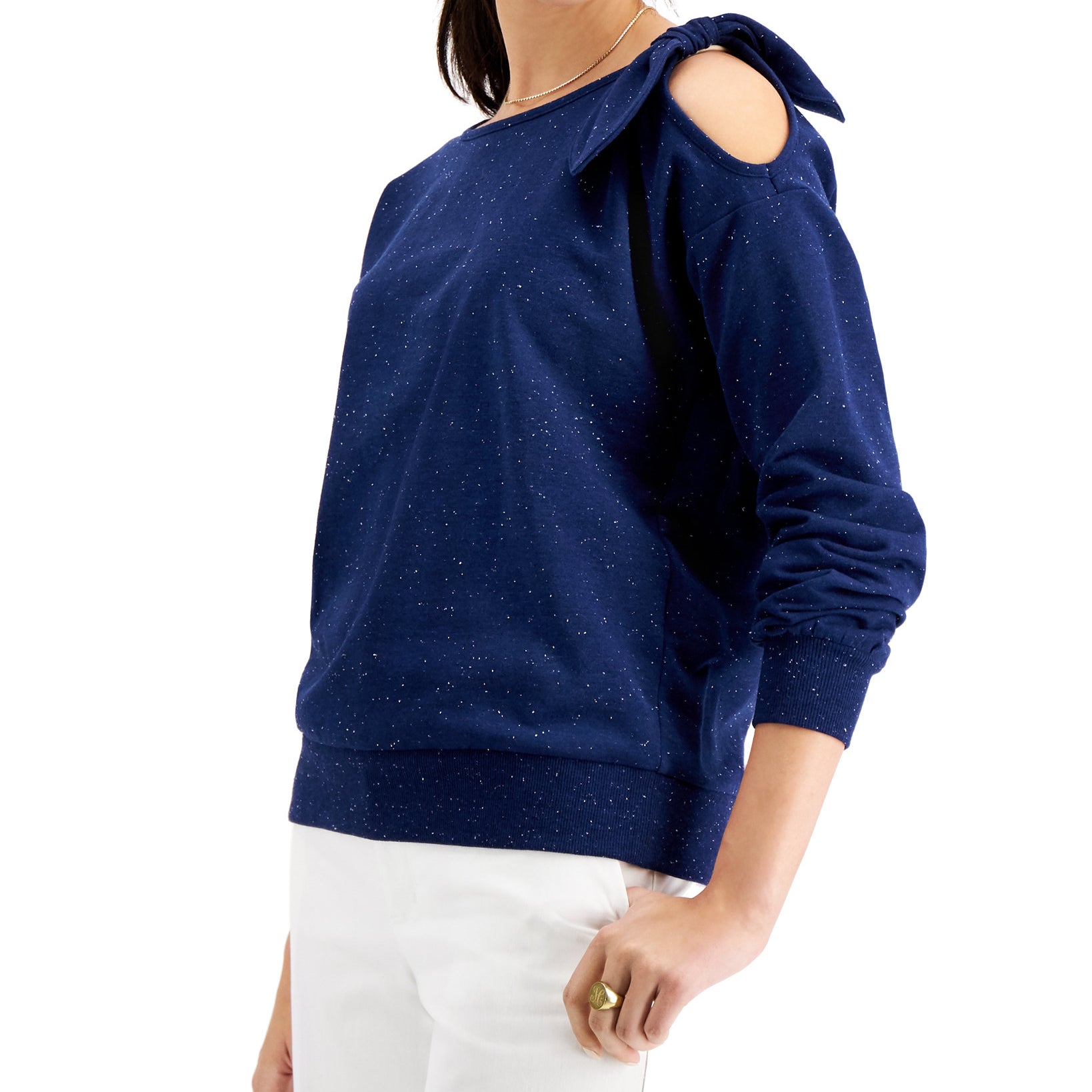 Charter Club Women French Terry Cold Shoulder Bow Top Intrepid Blue