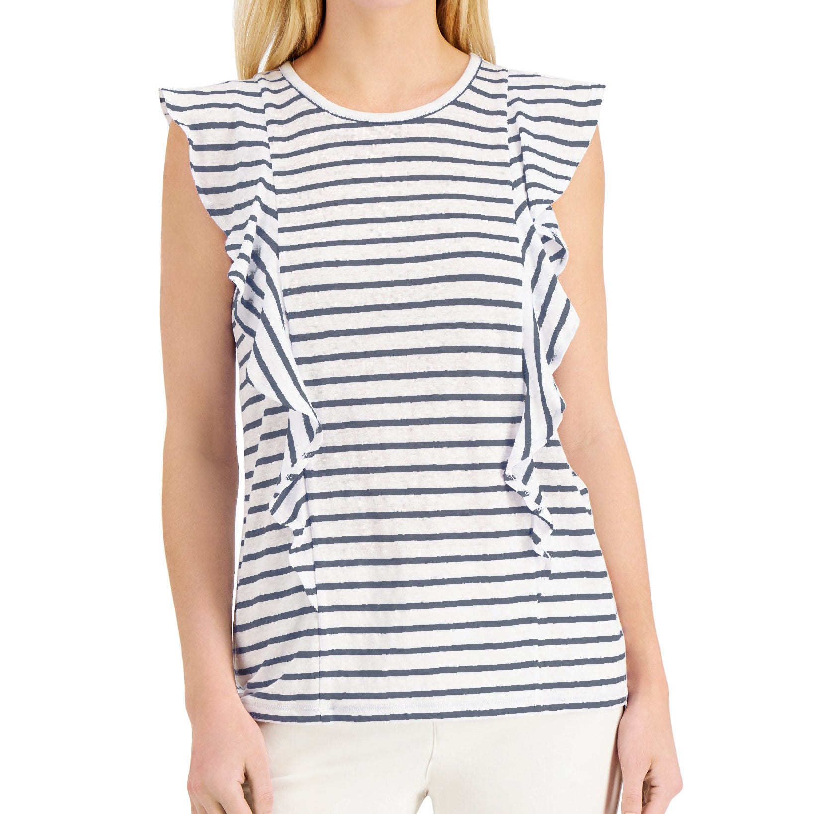 Charter Club Women Linen Striped Ruffled Top Intrepid Blue Combo
