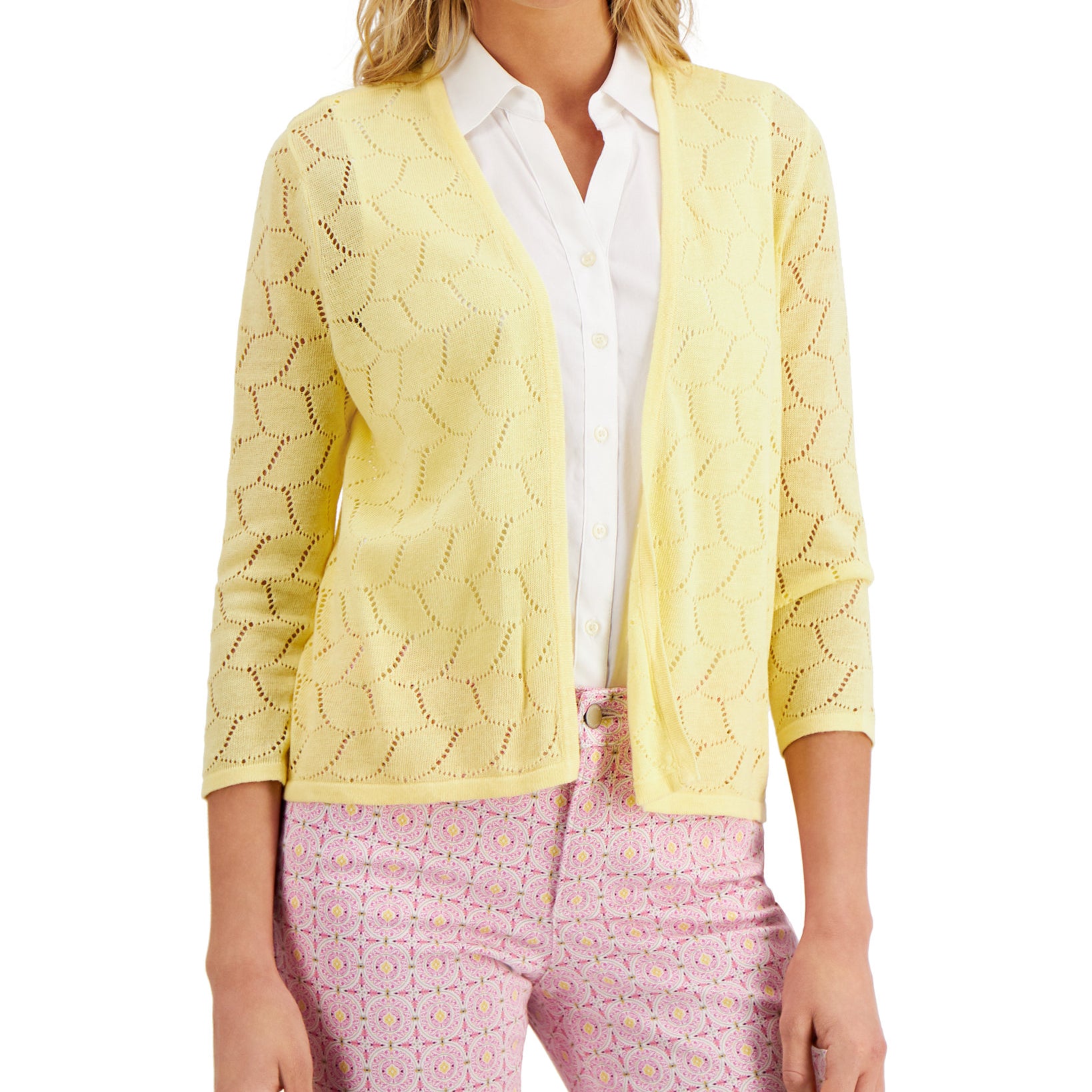 Charter Club Women Crocheted Open Front Cardigan Citron Aura