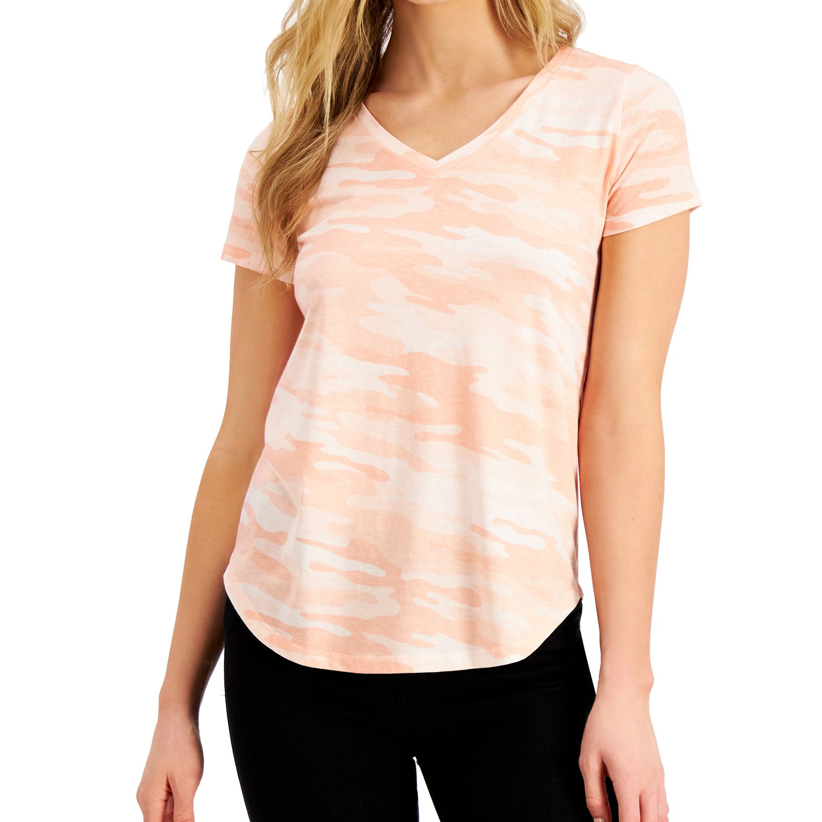 Style & Co Women Washed Camo Print T Shirt Pink OC Camo