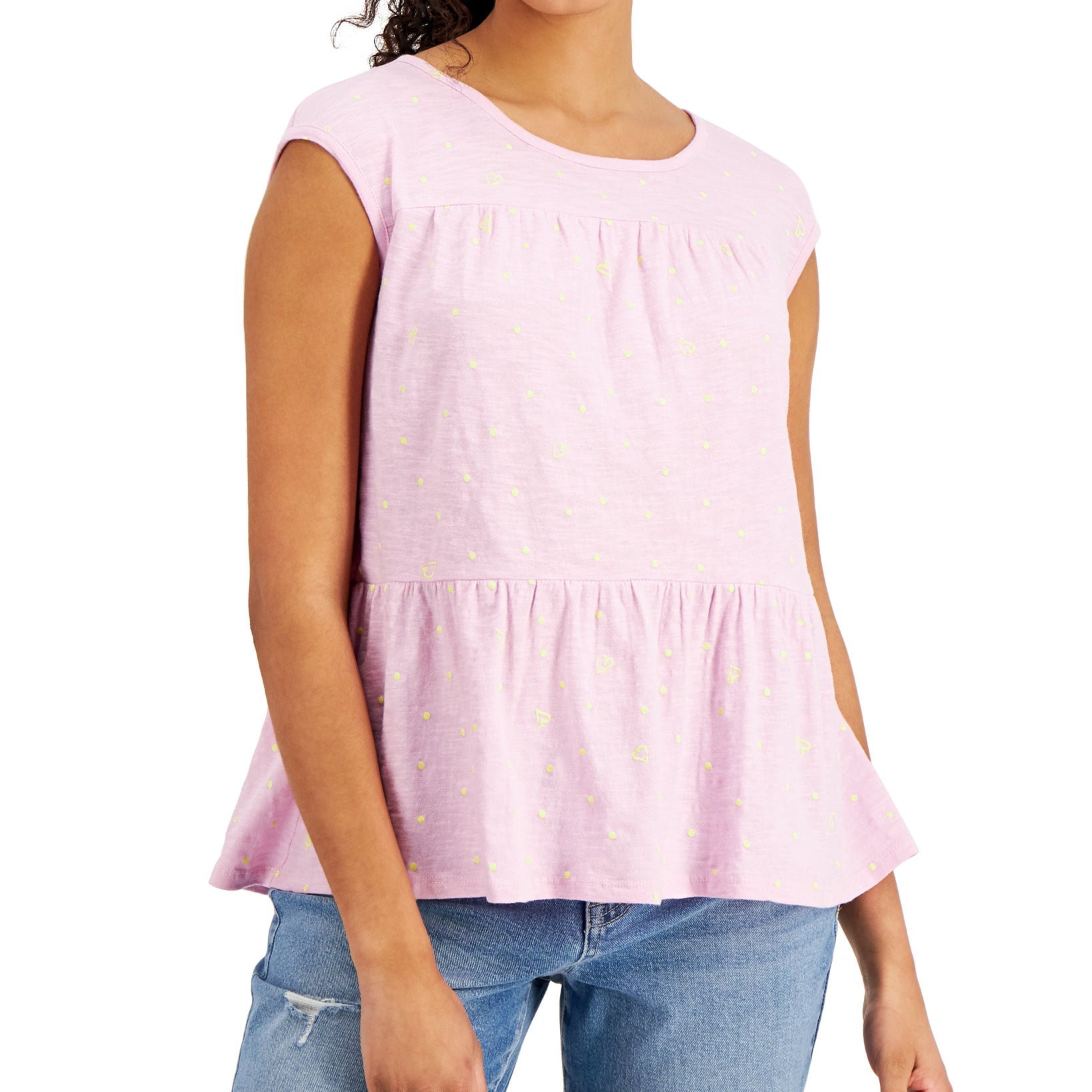 Style & Co Women Cotton Dot Print Tiered Tank Top Dot Scatter Pink
