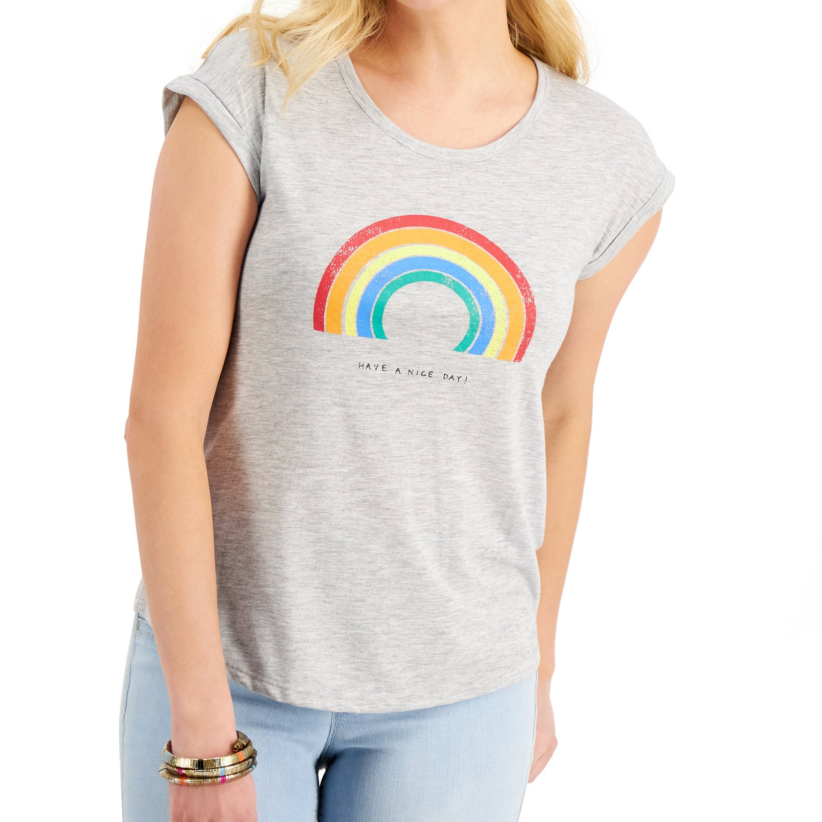Style & Co Women Petite Graphic Print Scoop Neck T Shirt Rainbow days