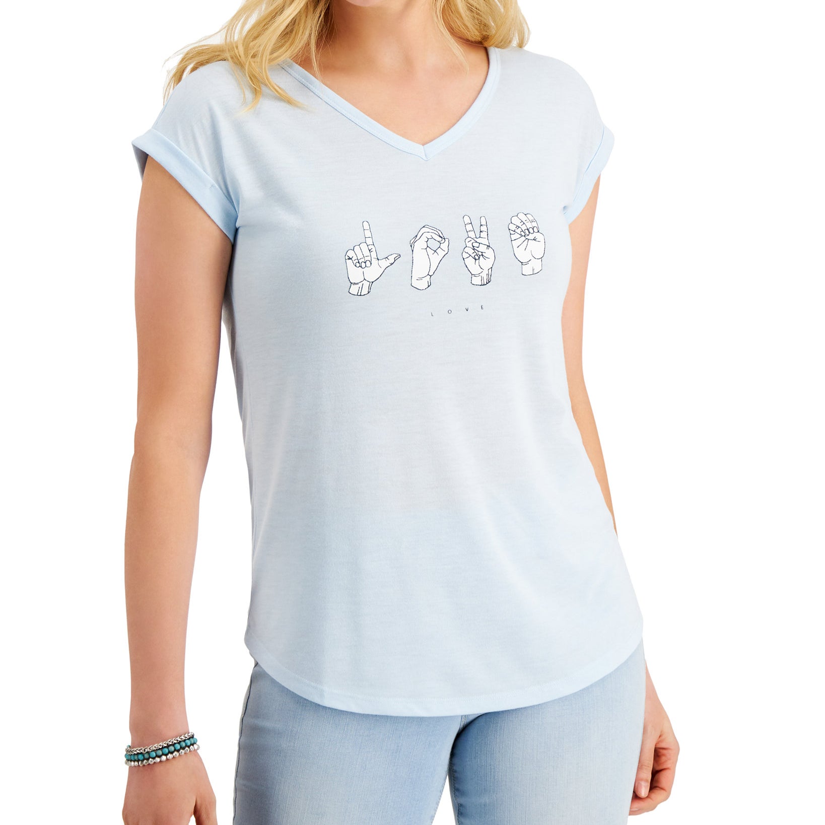 Style & Co Women Love Signs Graphic T Shirt Love Sign Blue