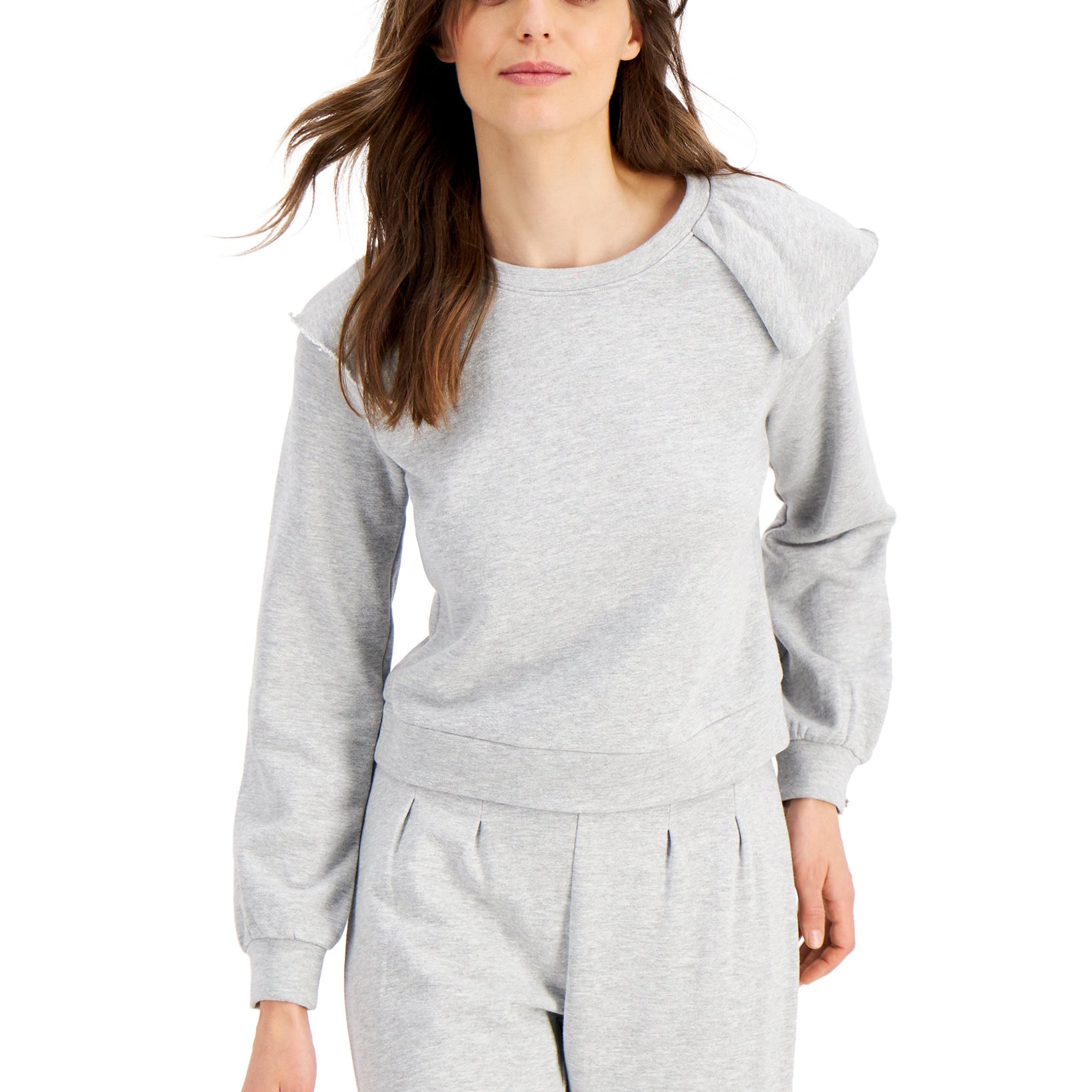 INC International Concepts Women Ruffled Sweatshirt Heather Belle Grey