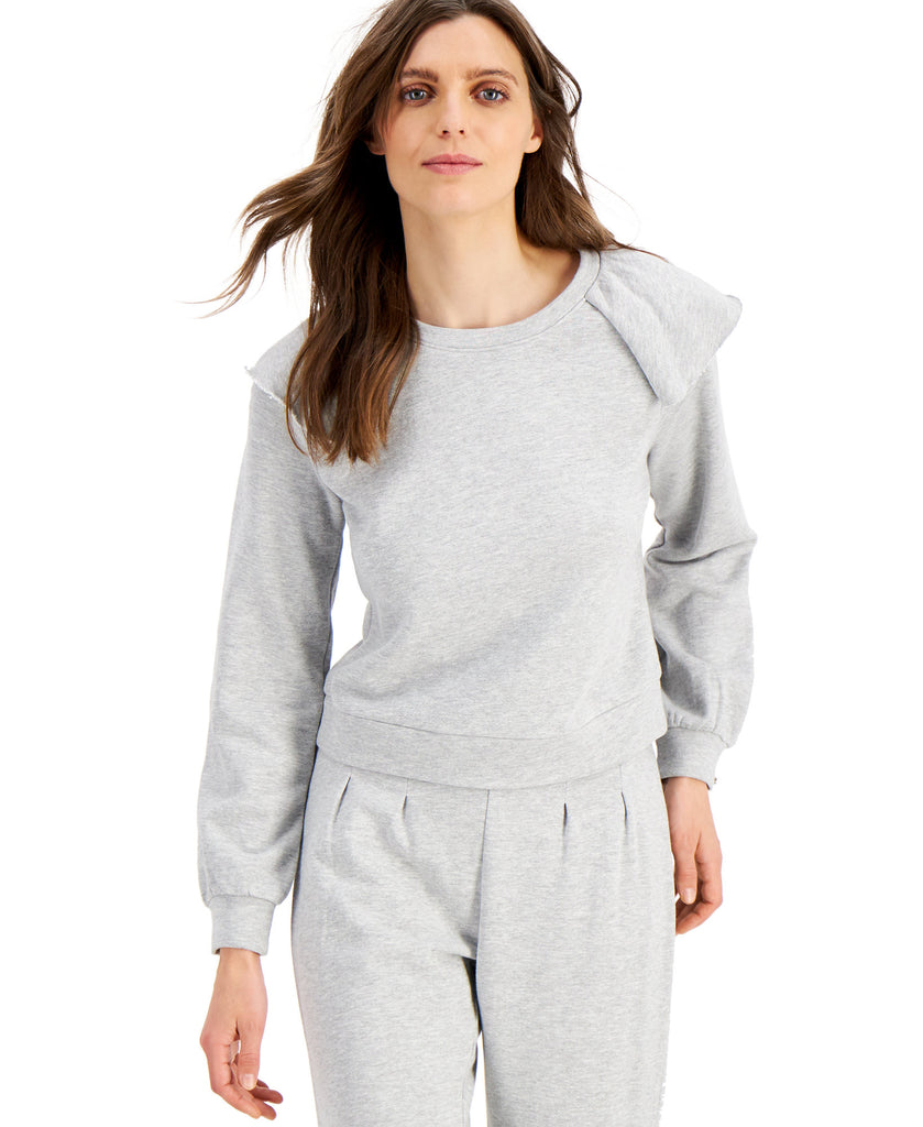 INC International Concepts Women Ruffled Sweatshirt Heather Belle Grey