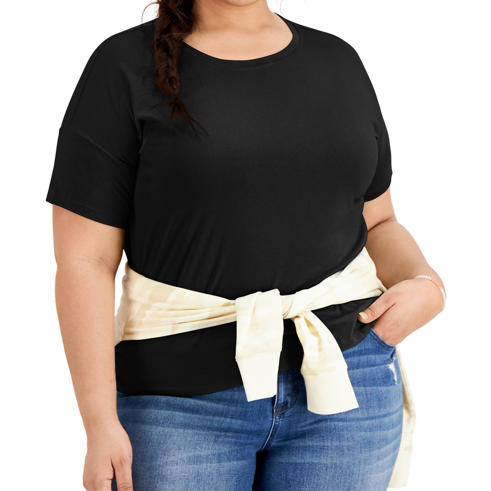 Style & Co Women Plus Cotton Crewneck T Shirt Deep Black