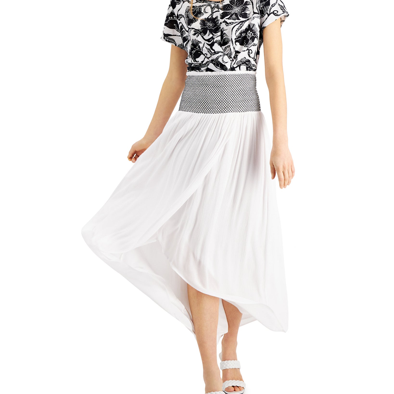 INC International Concepts Women Smocked Waist Tulip Hem Skirt Bright White