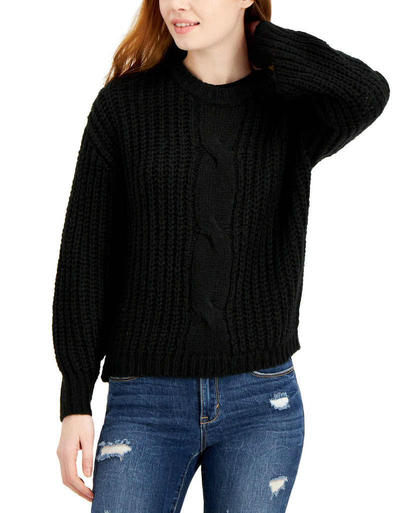 Belle Du Jour Women Cable Knit Balloon Sleeve Sweater Black