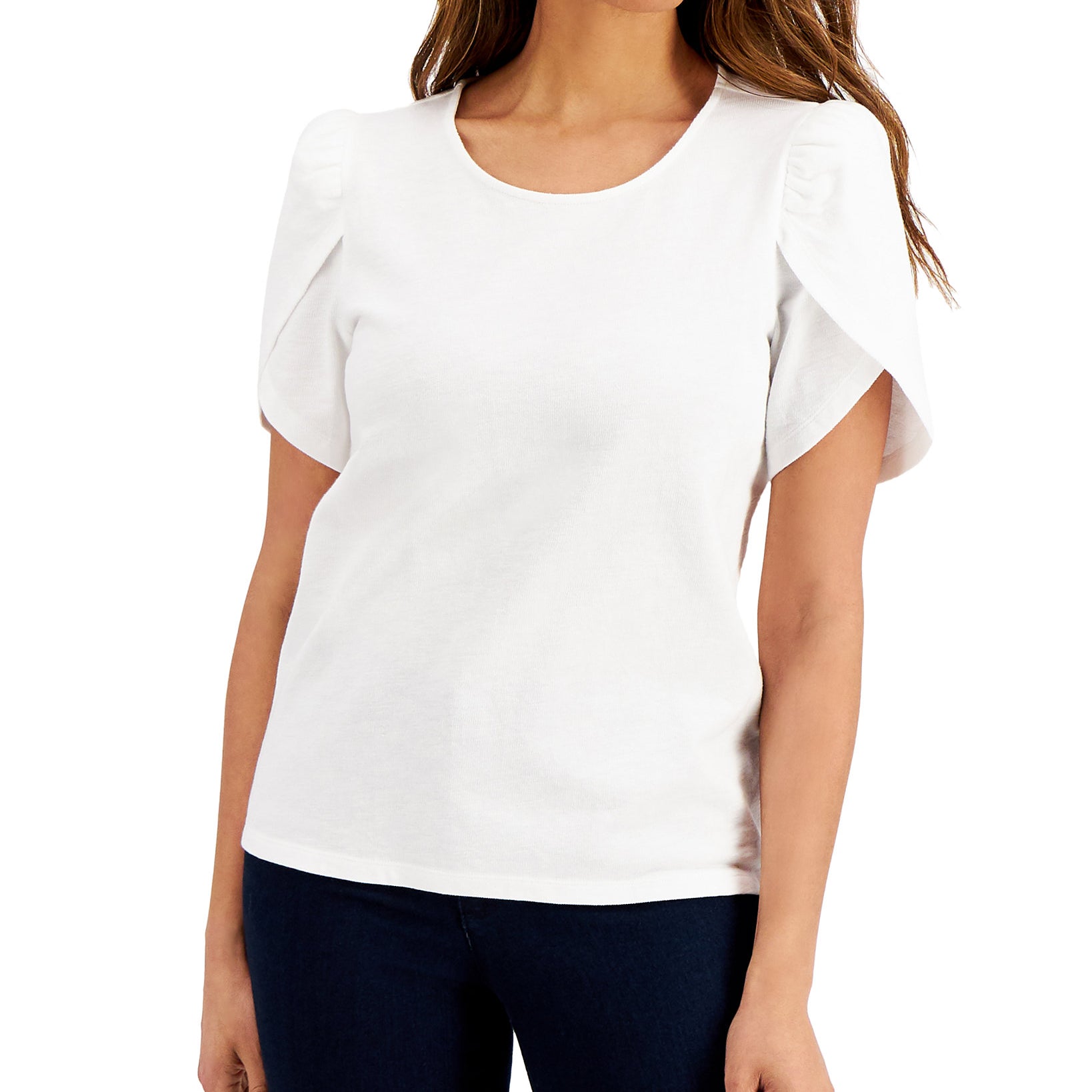 Charter Club Women Petite Cotton Knit Split Sleeve Top Bright White