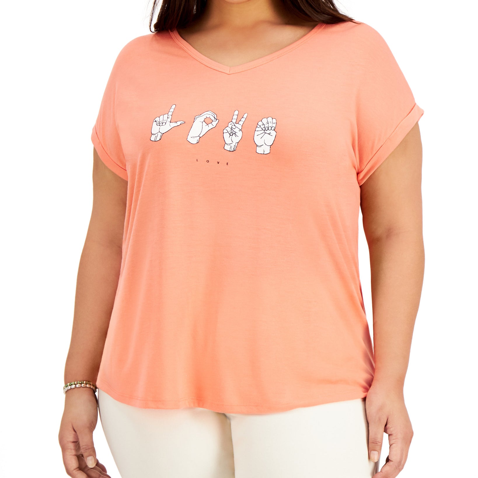 Style & Co Women Plus Graphic Print T Shirt Love Sign Orange