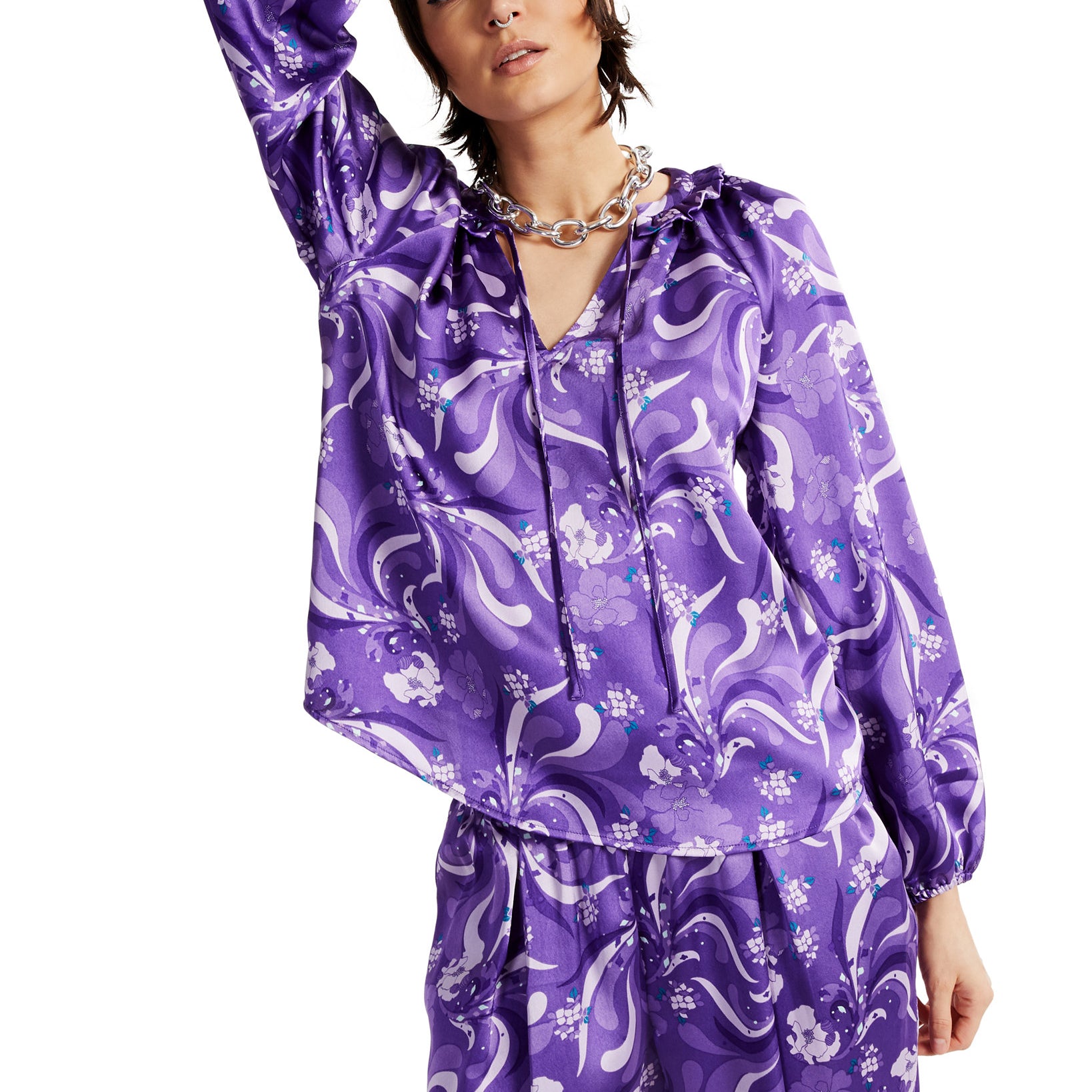 INC International Concepts Women Printed Ruffled Tie Neck Blouse Sadie Blooms