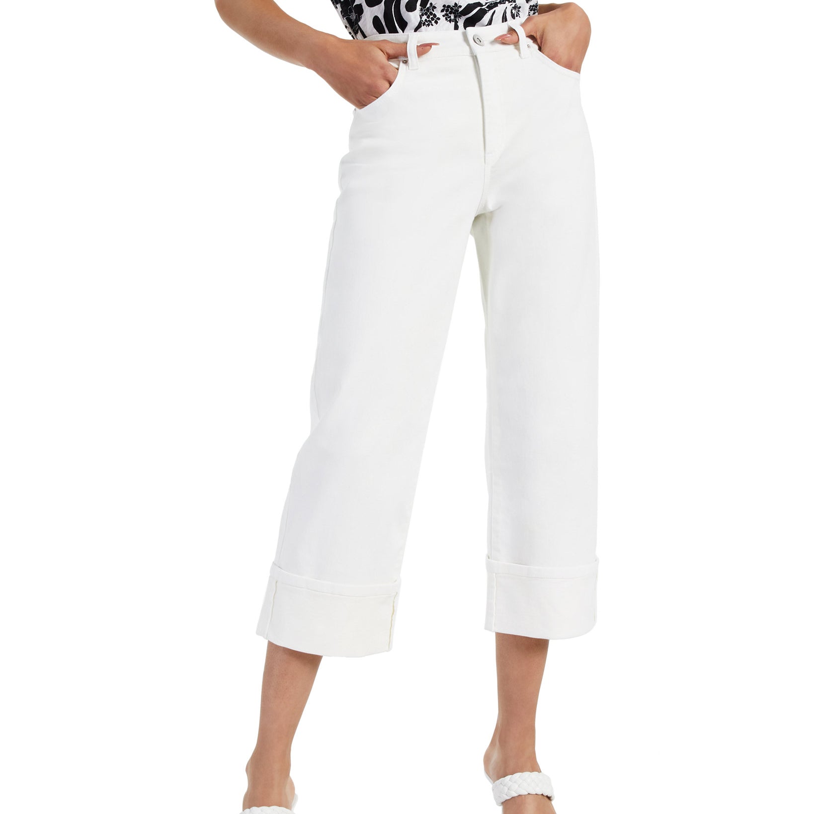 INC International Concepts Women Cuffed Cropped Wide Leg Jeans Bright White