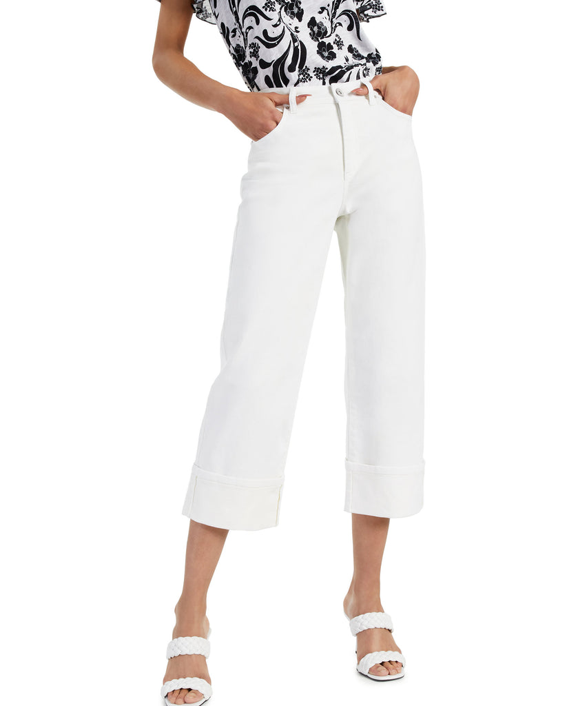 INC International Concepts Women Cuffed Cropped Wide Leg Jeans Bright White