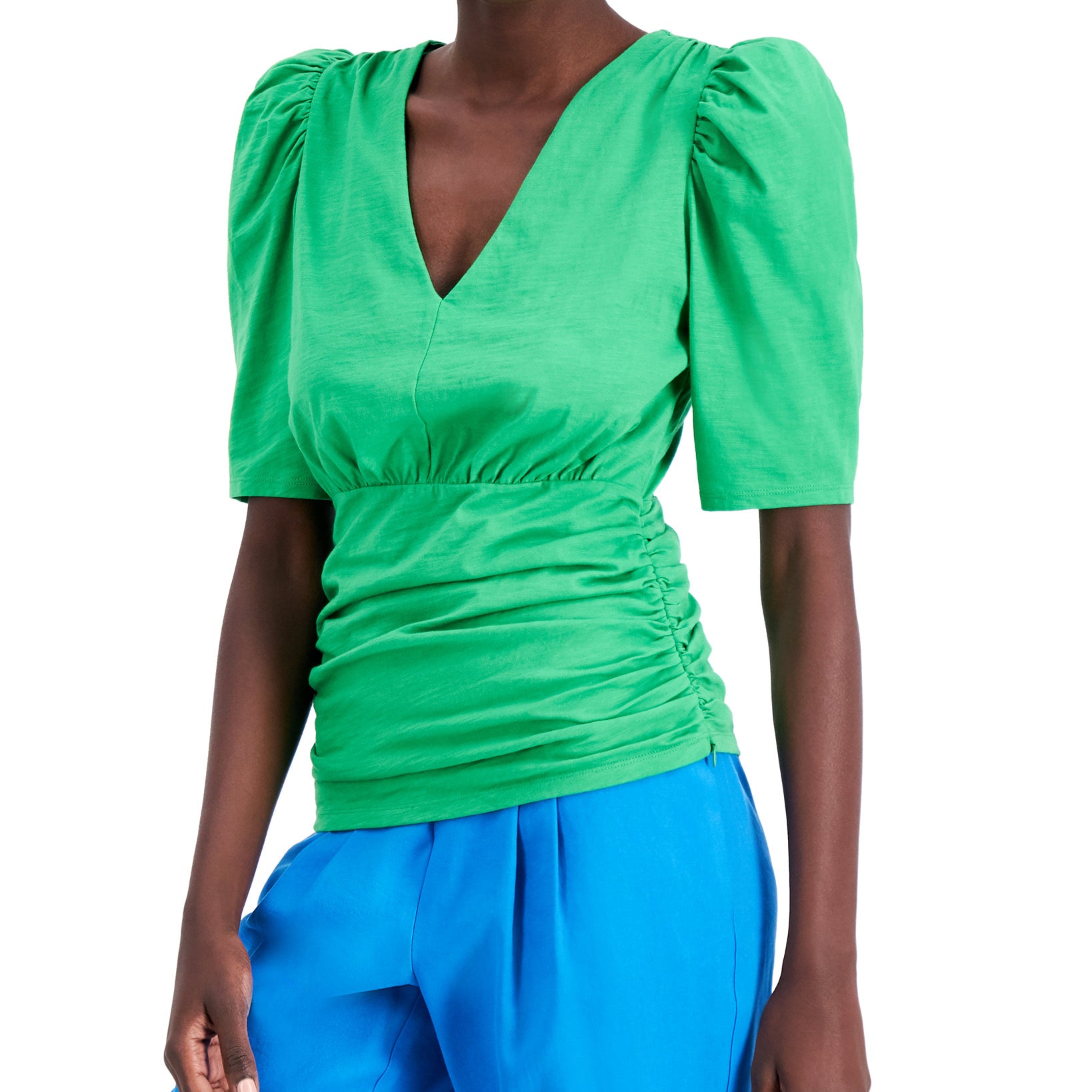 INC International Concepts Women Ruched V Neck Top Green Emerald