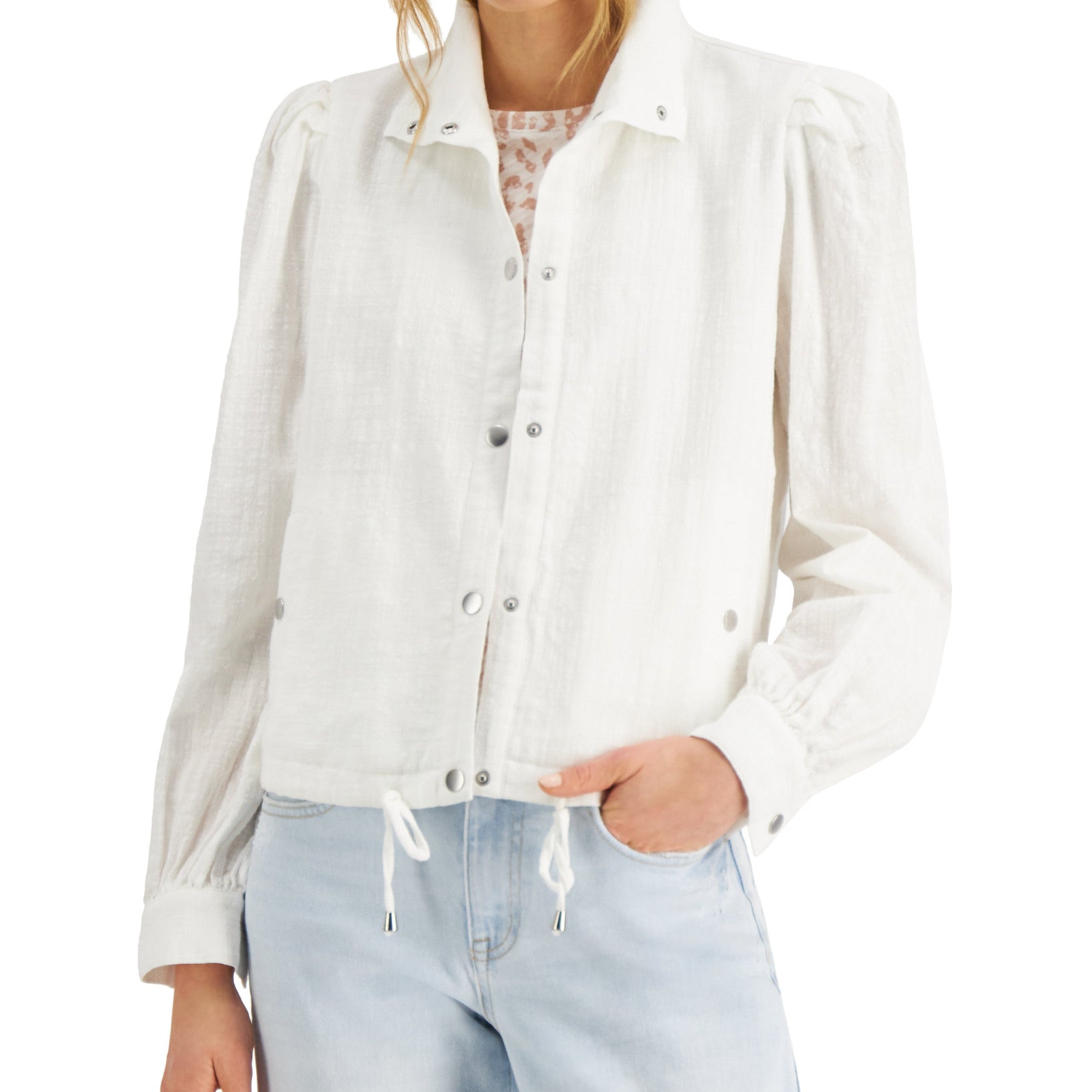 INC International Concepts Women Puff Sleeve Jacket Washed White